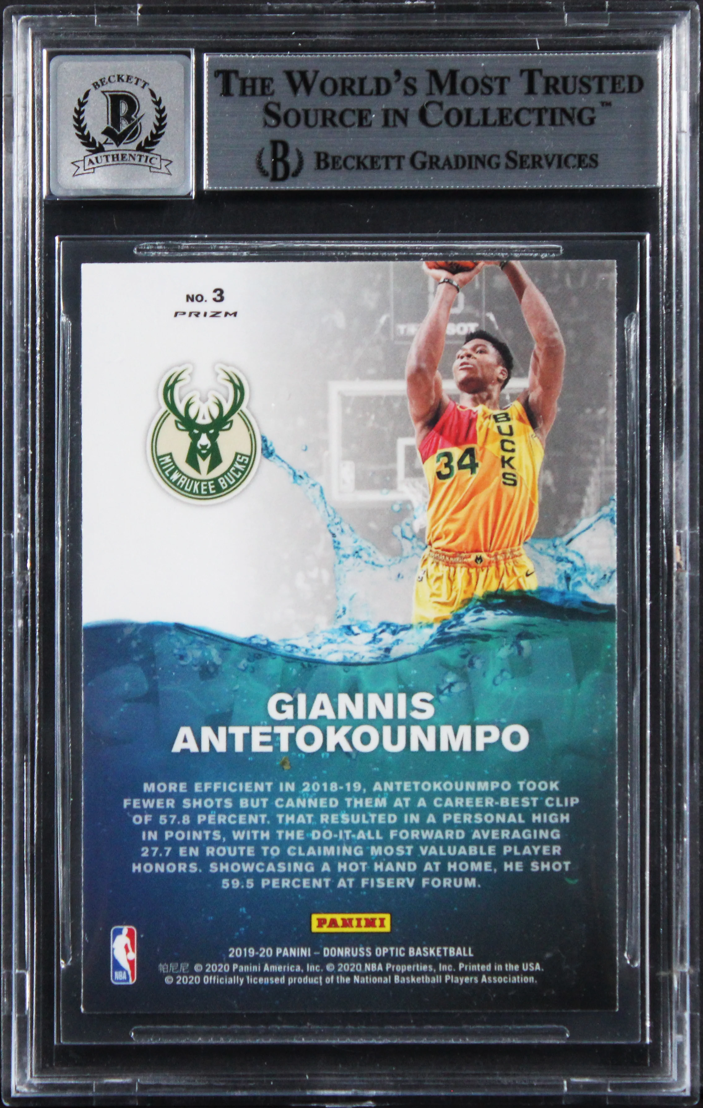 Bucks Giannis Antetokounmpo Signed 2019 Donruss Optic #3 Card Auto 10! BAS Slab - Image 3