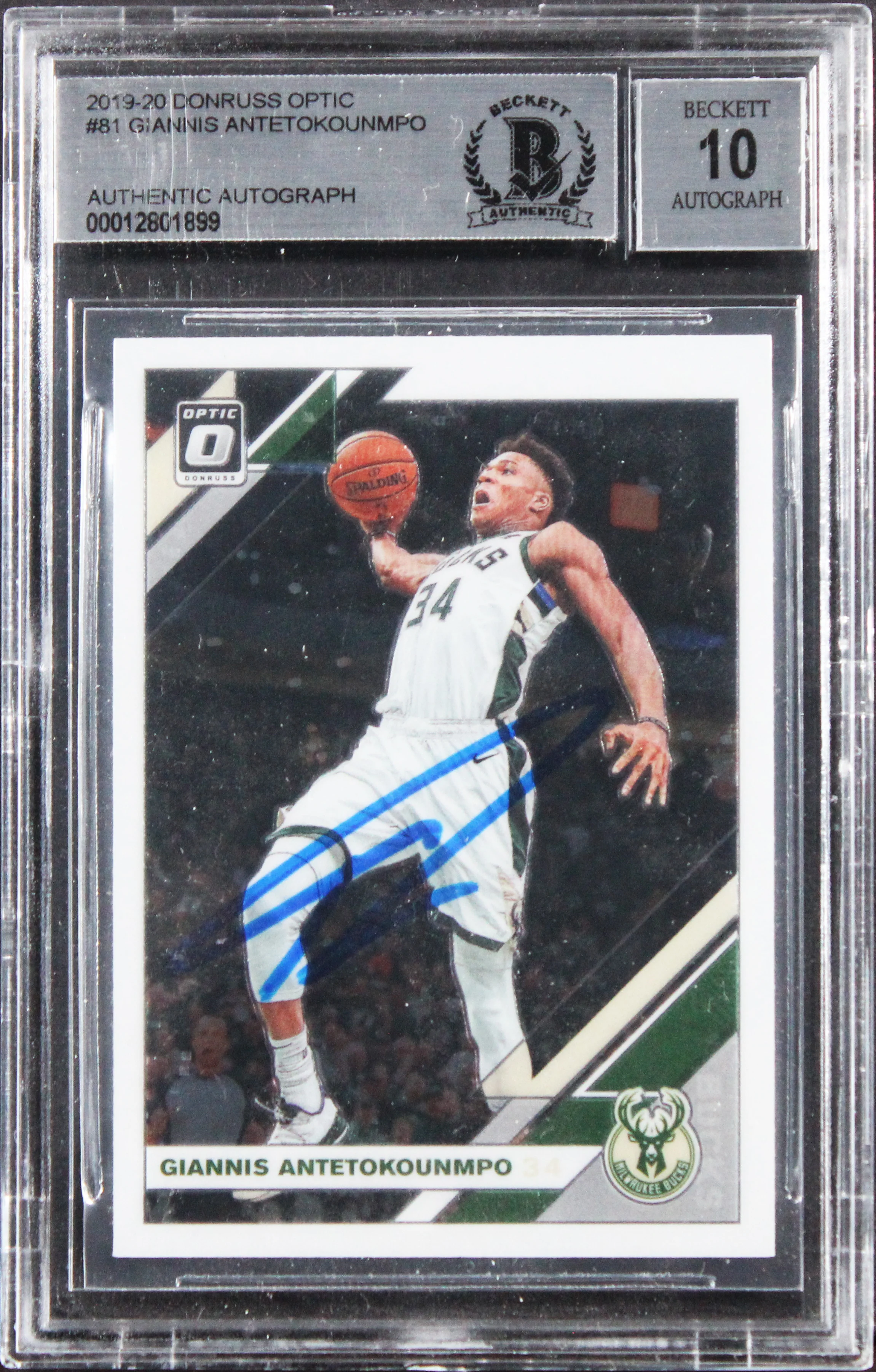 Bucks Giannis Antetokounmpo Signed 2019 Donruss Optic #81 Card Auto 10! BAS Slab - Image 2