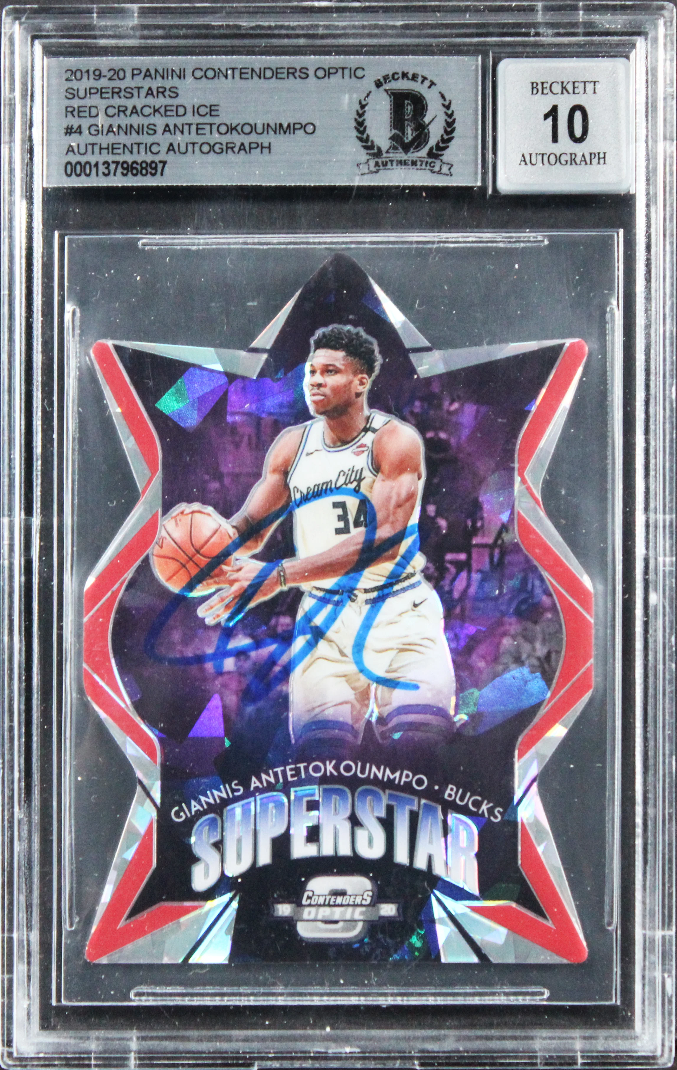 Bucks Giannis Antetokounmpo Signed 2019 Panini #4 Card Auto Grade 10! BAS Slab - Image 2