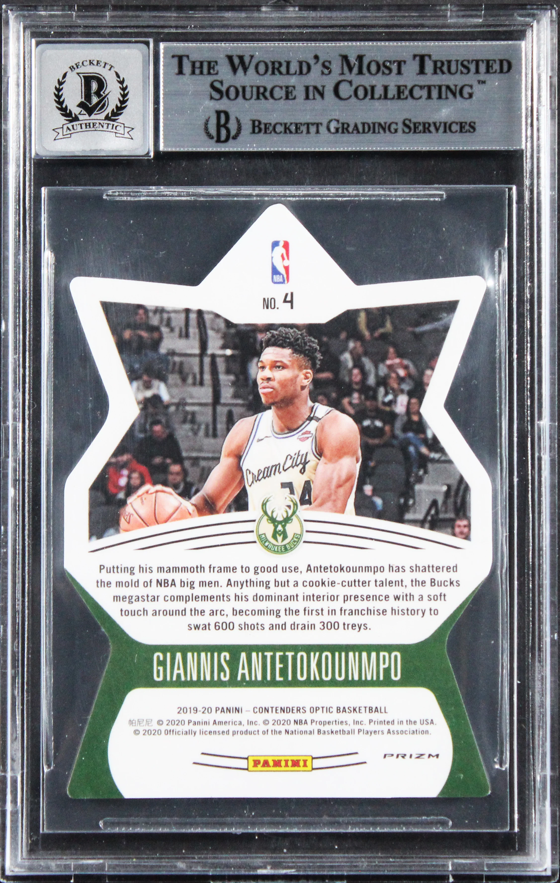 Bucks Giannis Antetokounmpo Signed 2019 Panini #4 Card Auto Grade 10! BAS Slab - Image 3