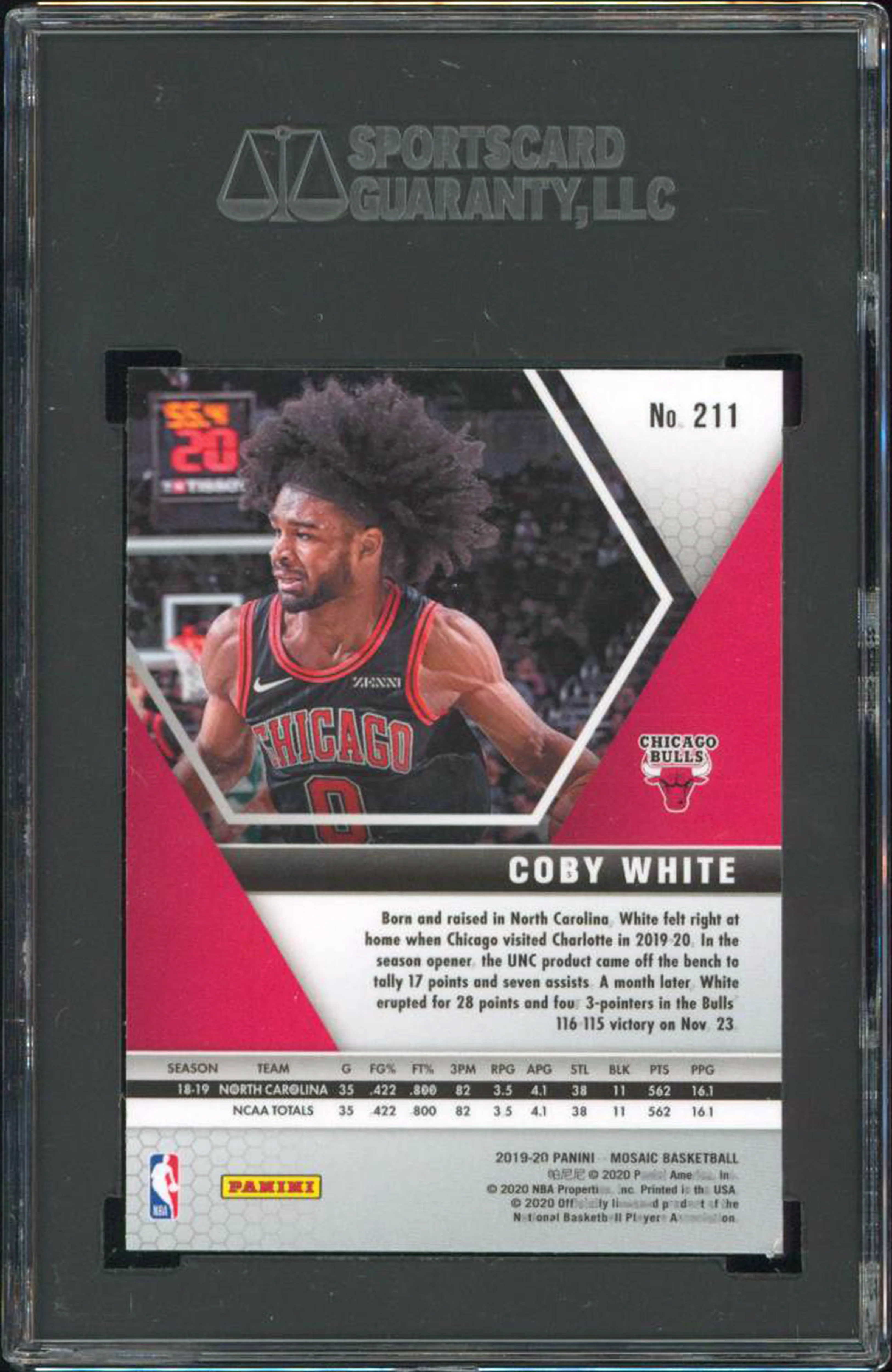 Bulls Coby White 2019 Panini Mosaic #211 Rookie Card Graded Mint 9! SGC - Image 3