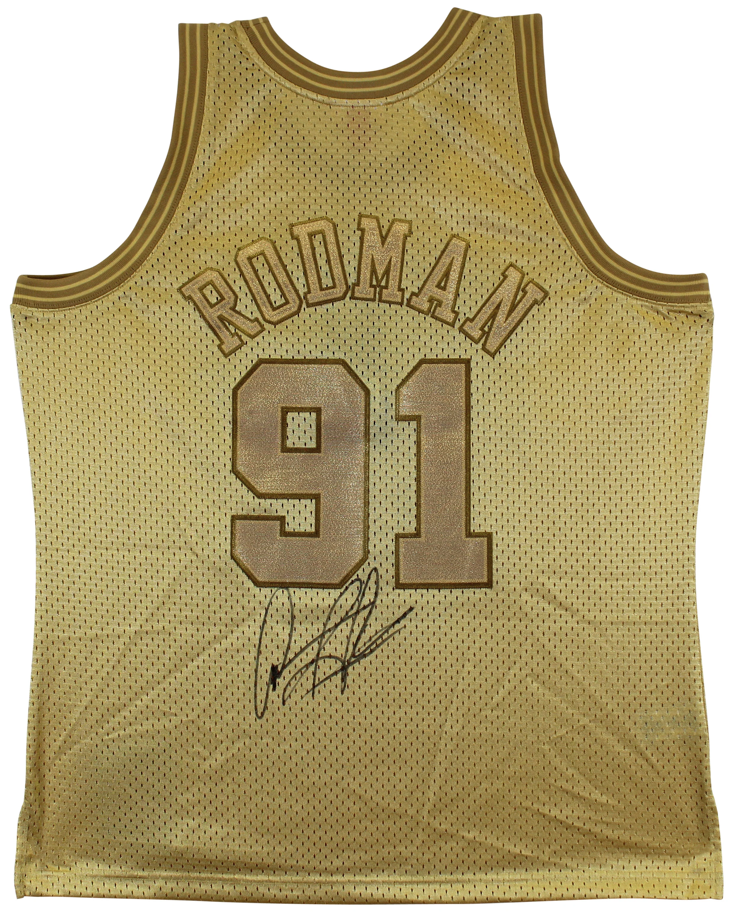 Bulls Dennis Rodman Authentic Signed Gold M&N HWC Swingman Jersey BAS Witnessed