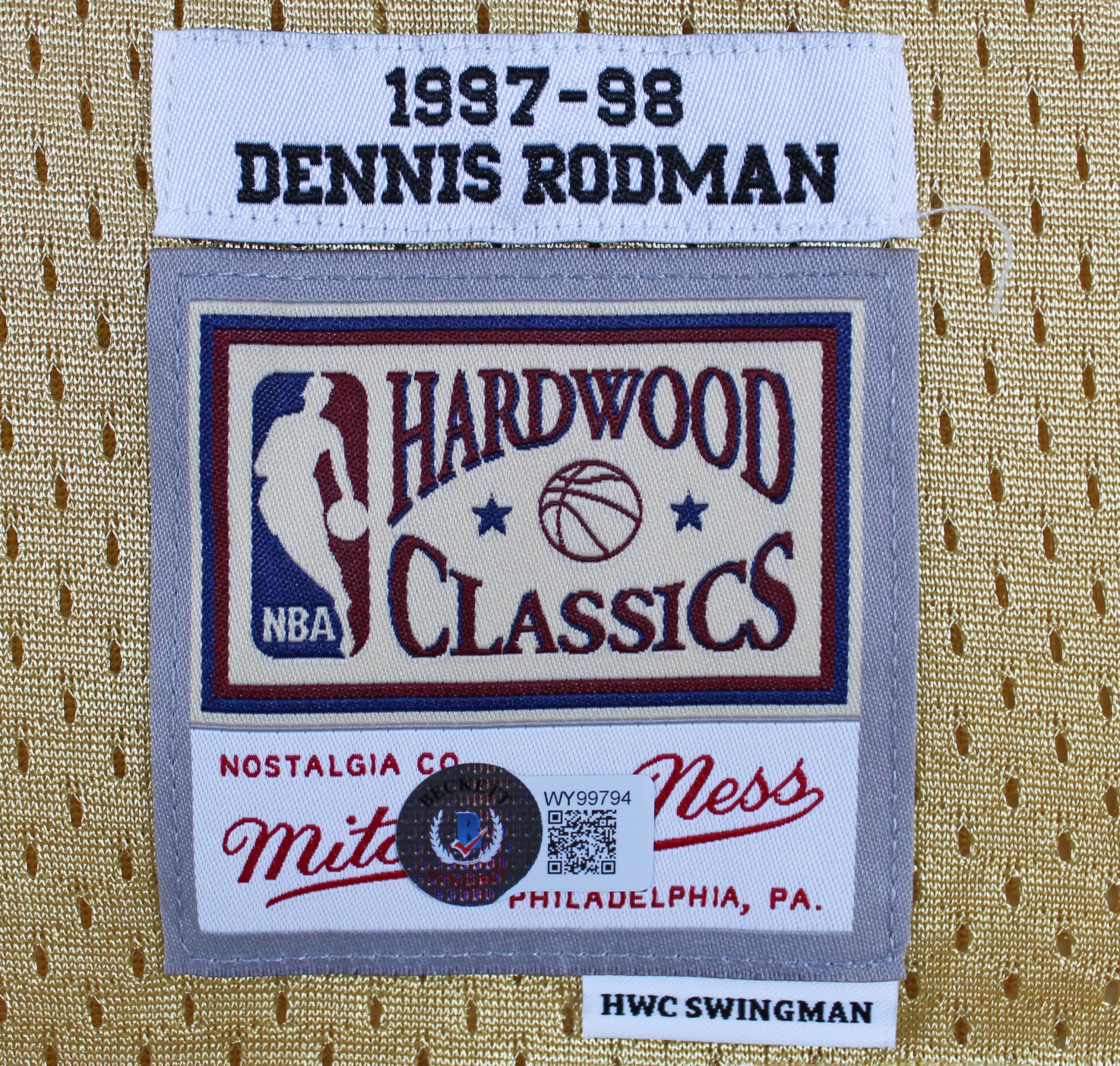 Bulls Dennis Rodman Authentic Signed Gold M&N HWC Swingman Jersey BAS Witnessed - Image 5