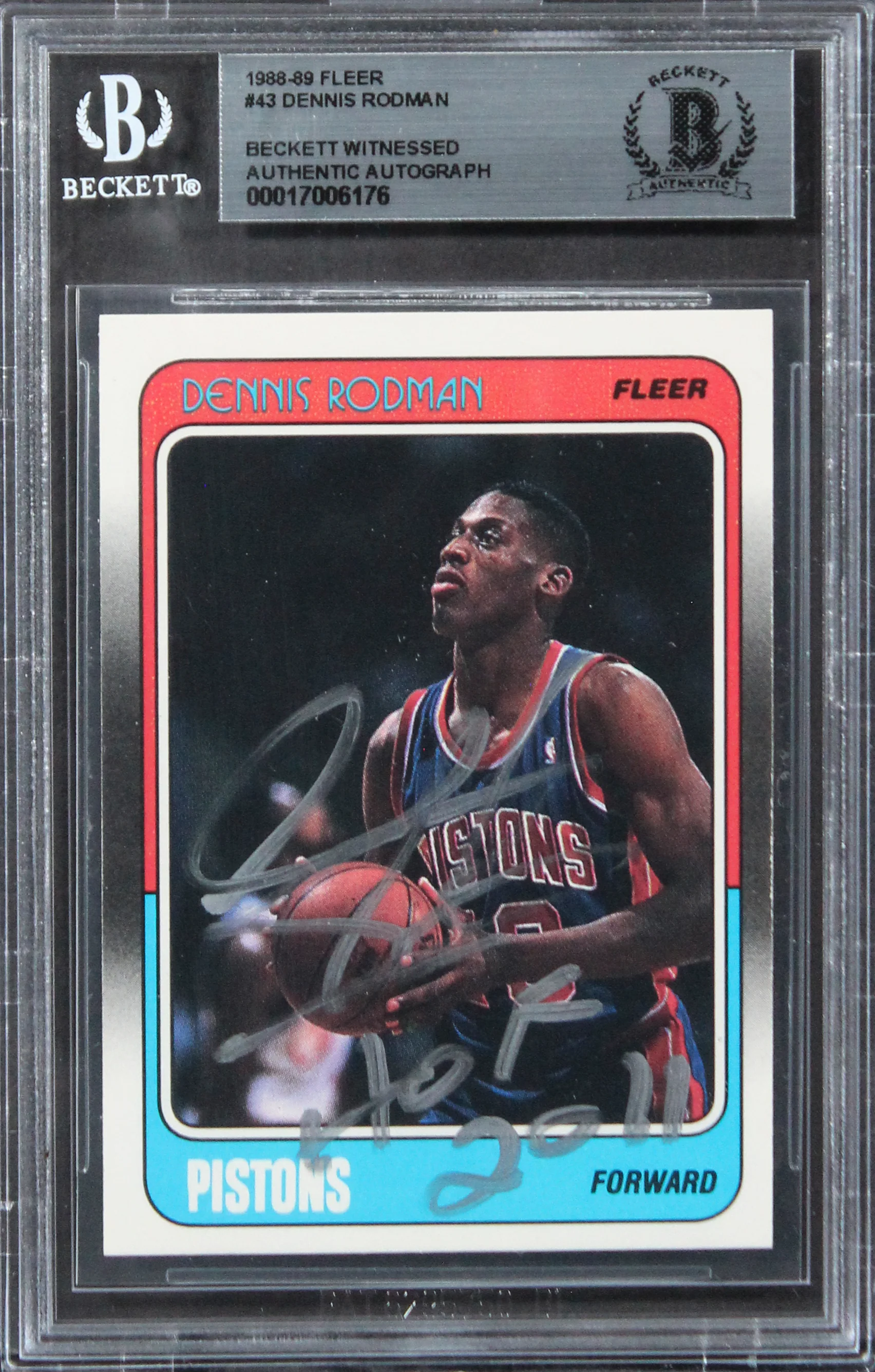 Bulls Dennis Rodman "HOF 2011" Signed 1988 Fleer #43 Rookie Card BAS Slabbed 1 - Image 2