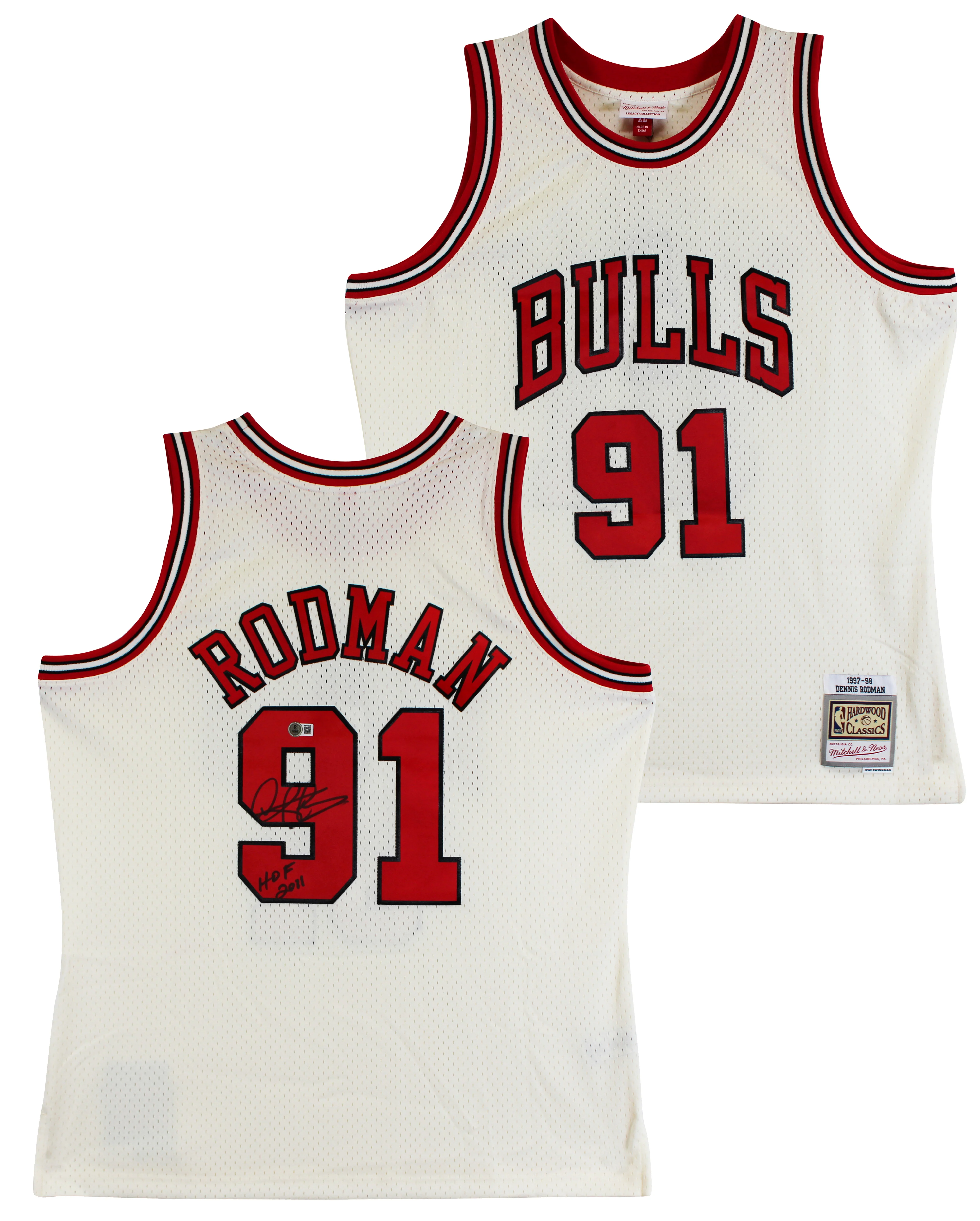Bulls Dennis Rodman "HOF 2011" Signed Cream M&N HWC Swingman Jersey BAS Witness - Image 2