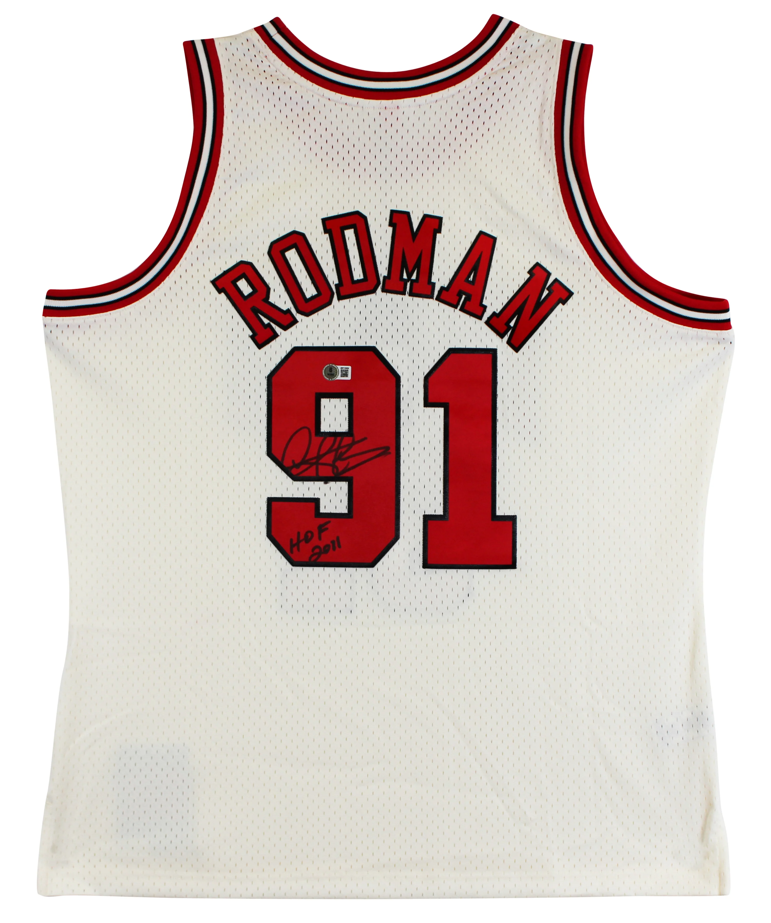 Bulls Dennis Rodman "HOF 2011" Signed Cream M&N HWC Swingman Jersey BAS Witness - Image 3