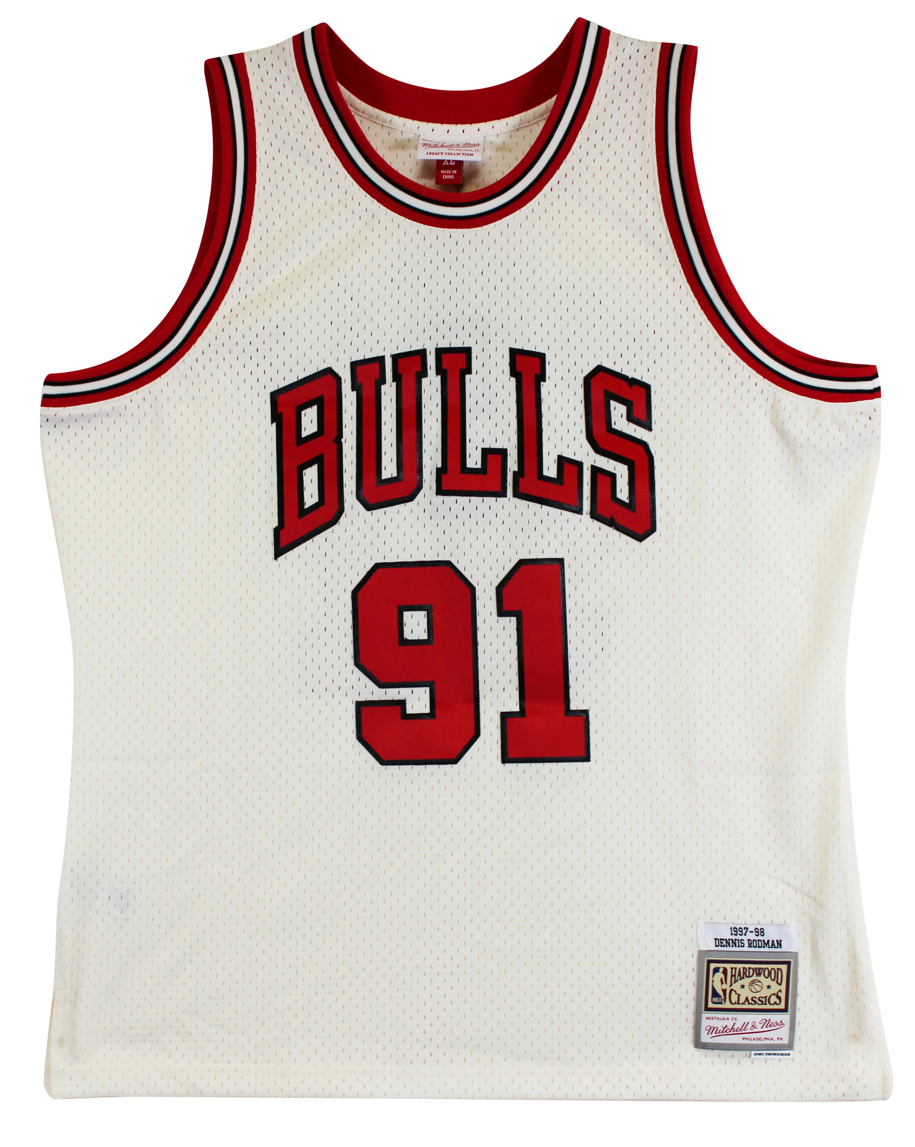 Bulls Dennis Rodman "HOF 2011" Signed Cream M&N HWC Swingman Jersey BAS Witness - Image 5