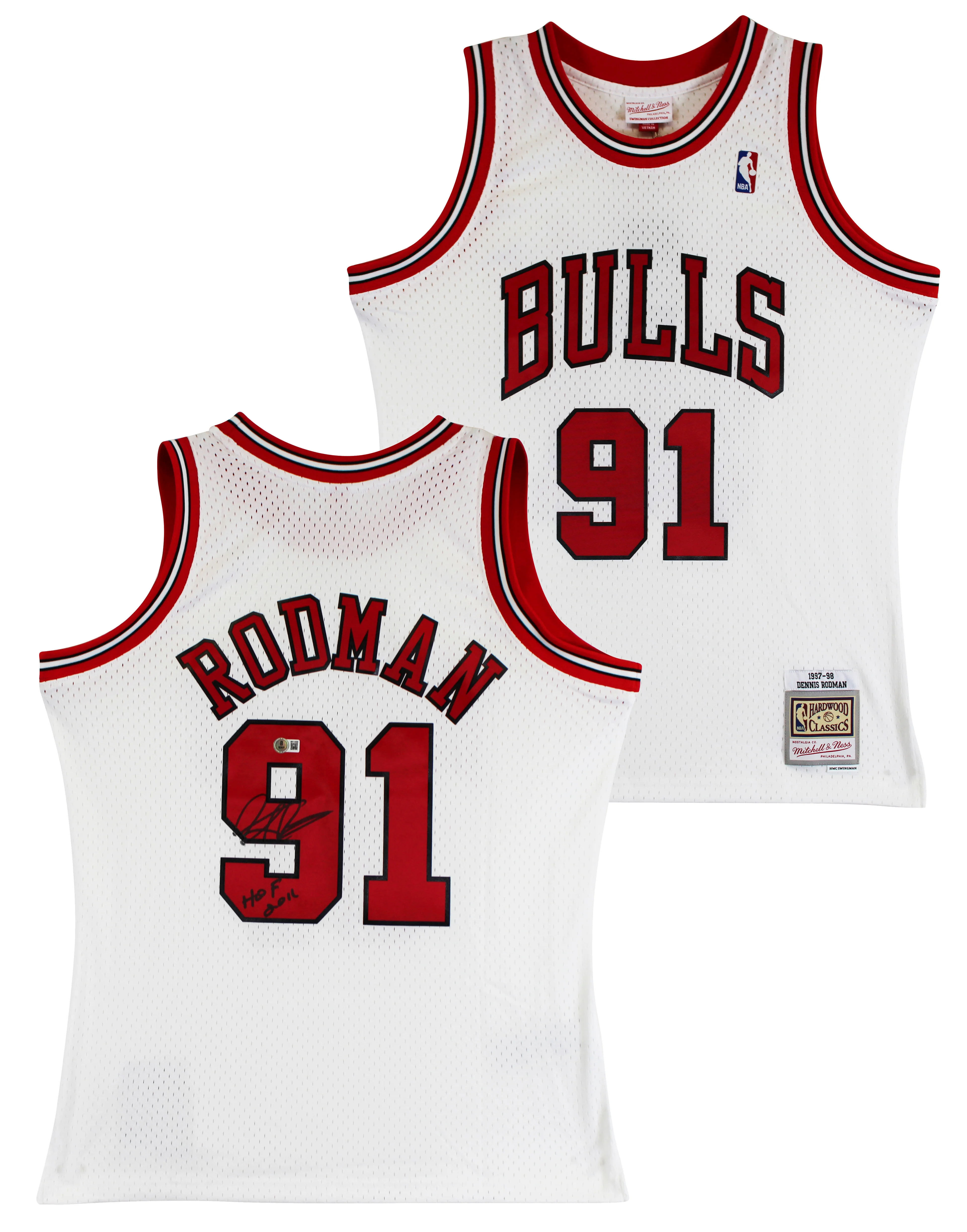 Bulls Dennis Rodman "HOF 2011" Signed White M&N HWC Swingman Jersey BAS Witness - Image 2