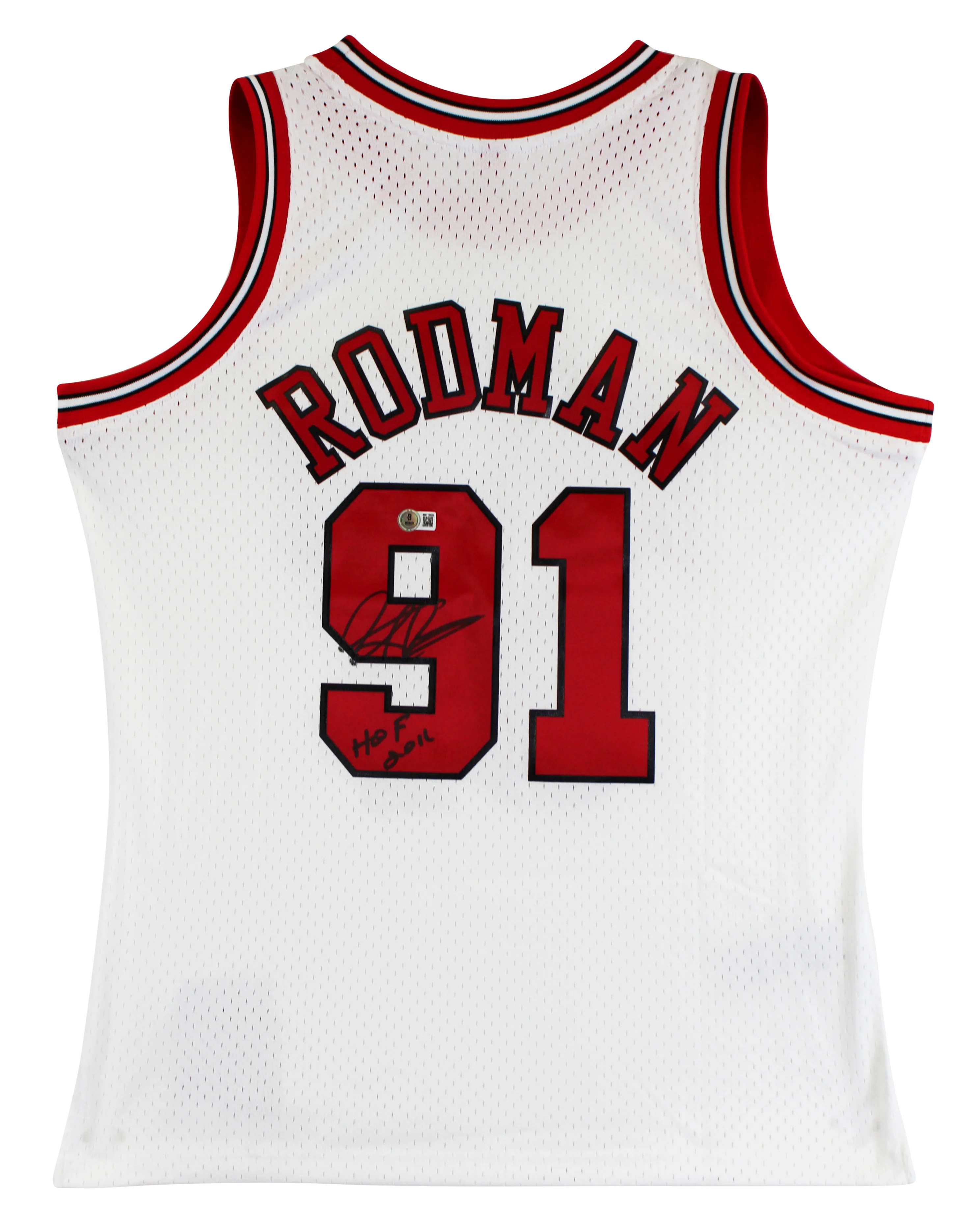Bulls Dennis Rodman "HOF 2011" Signed White M&N HWC Swingman Jersey BAS Witness - Image 3