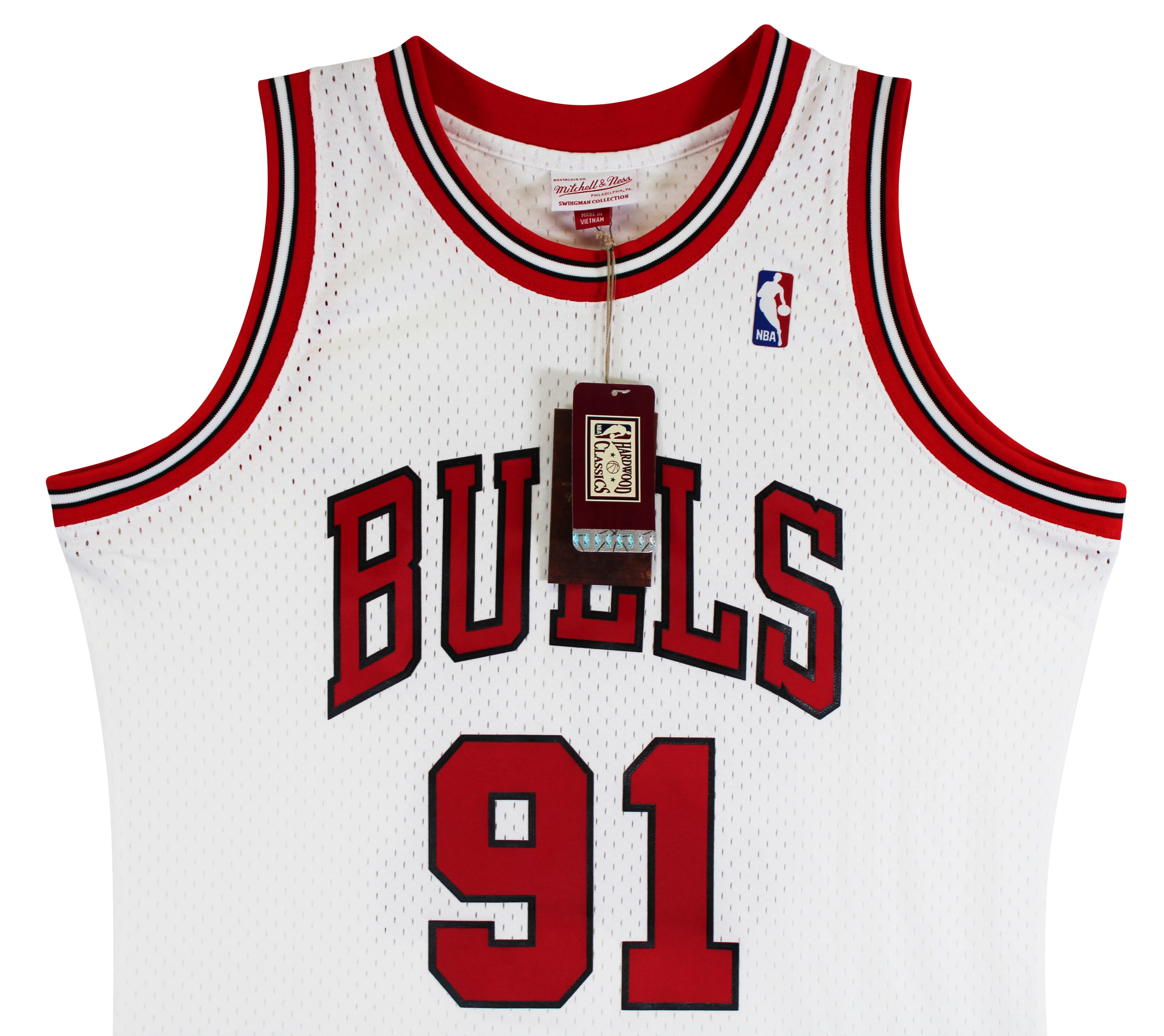 Bulls Dennis Rodman "HOF 2011" Signed White M&N HWC Swingman Jersey BAS Witness - Image 6