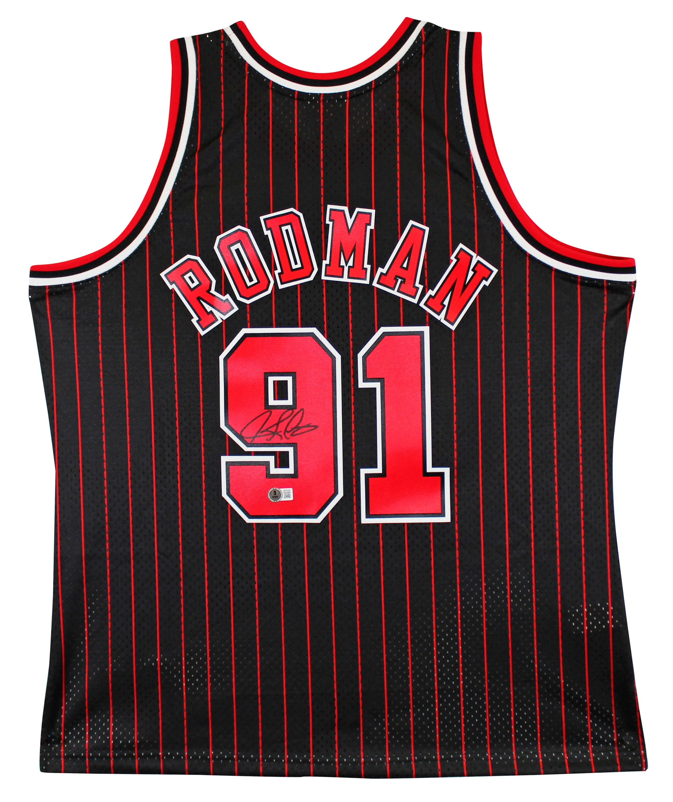 Bulls Dennis Rodman Signed Black M&N HWC Swingman Jersey w/ Black Sig BAS Wit - Image 2