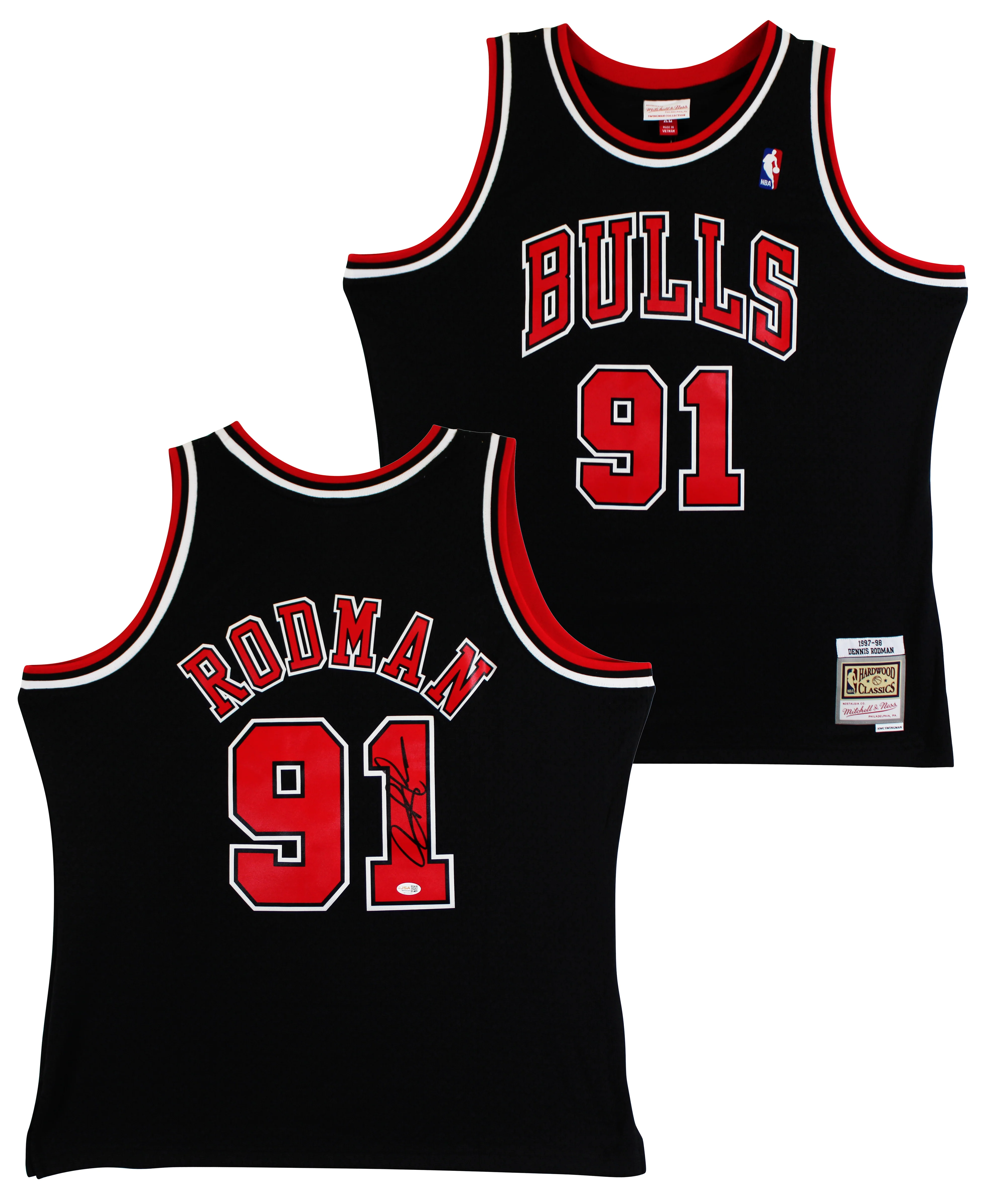 Bulls Dennis Rodman Signed Black M&N HWC Swingman Jersey w/ Black Sig JSA Wit - Image 2
