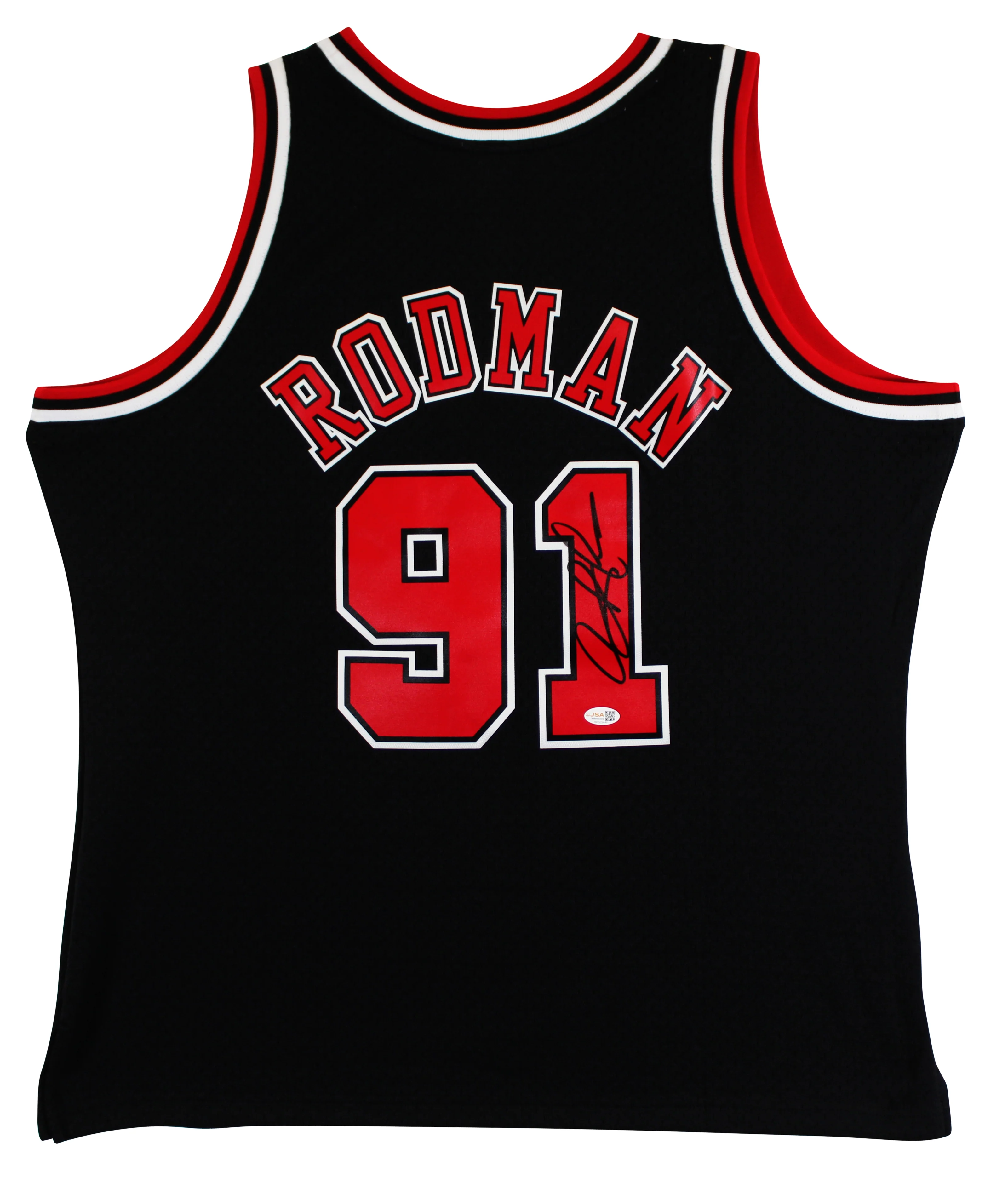 Bulls Dennis Rodman Signed Black M&N HWC Swingman Jersey w/ Black Sig JSA Wit - Image 3