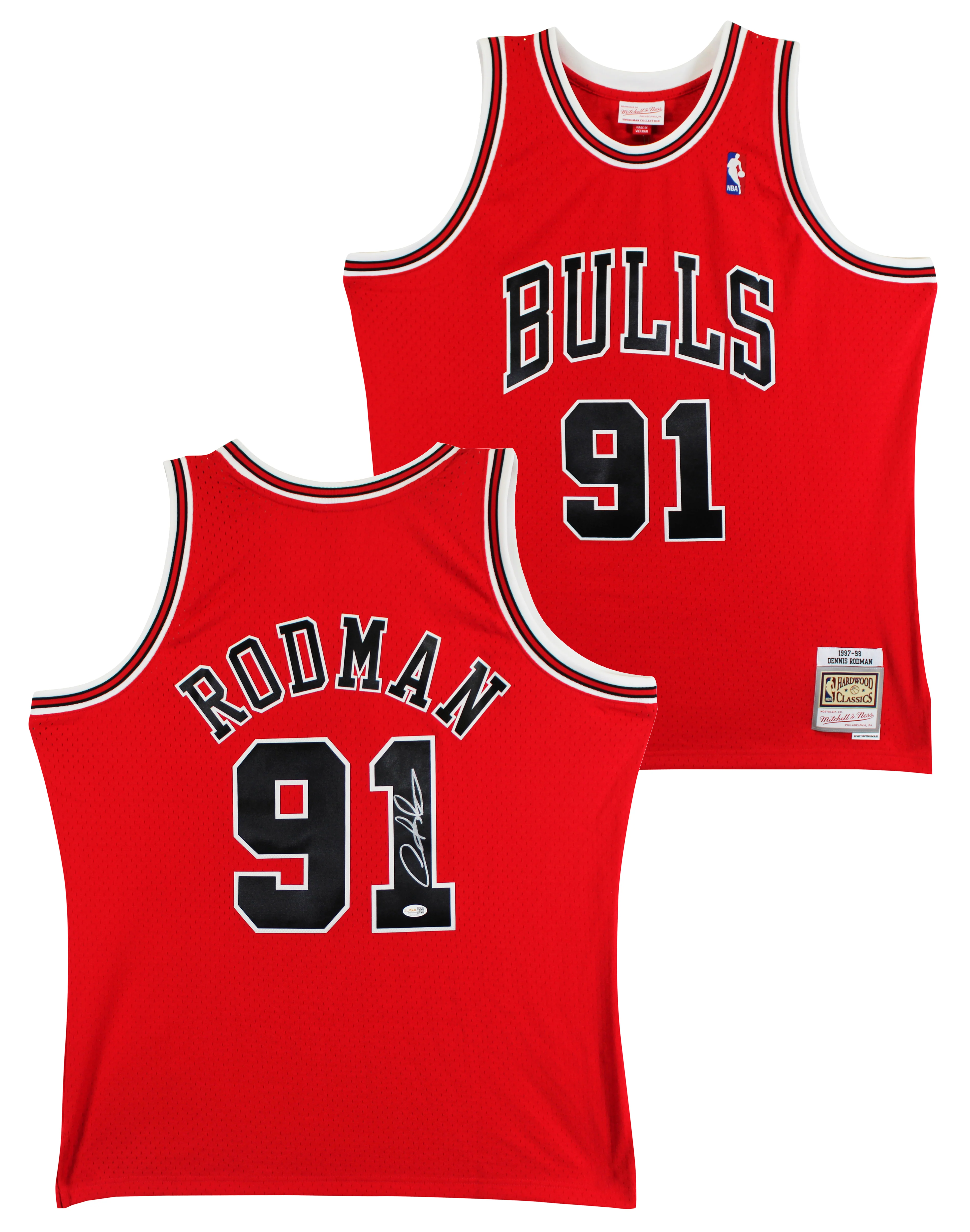Bulls Dennis Rodman Signed Red Mitchell & Ness HWC Swingman Jersey JSA Witnessed - Image 2