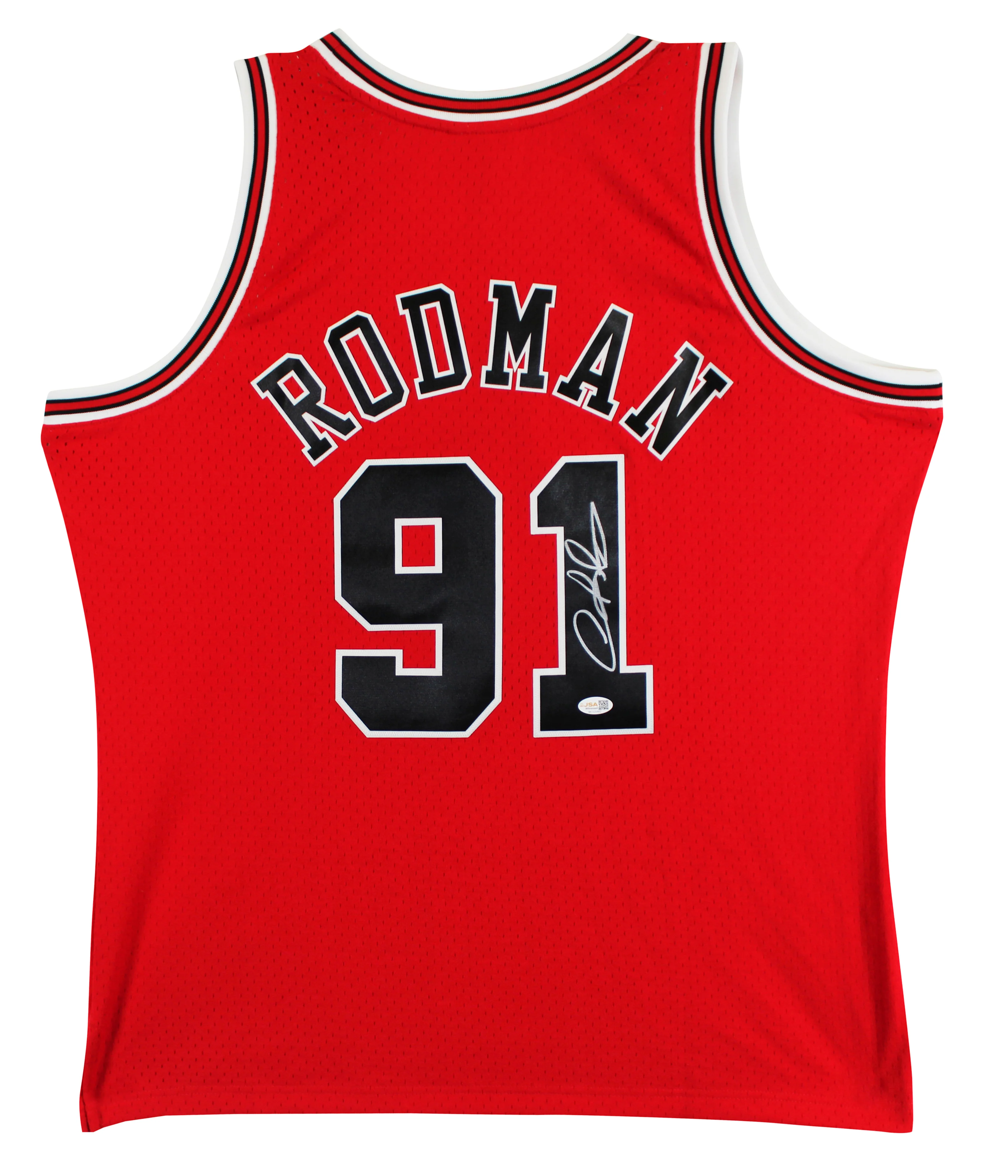 Bulls Dennis Rodman Signed Red Mitchell & Ness HWC Swingman Jersey JSA Witnessed - Image 3