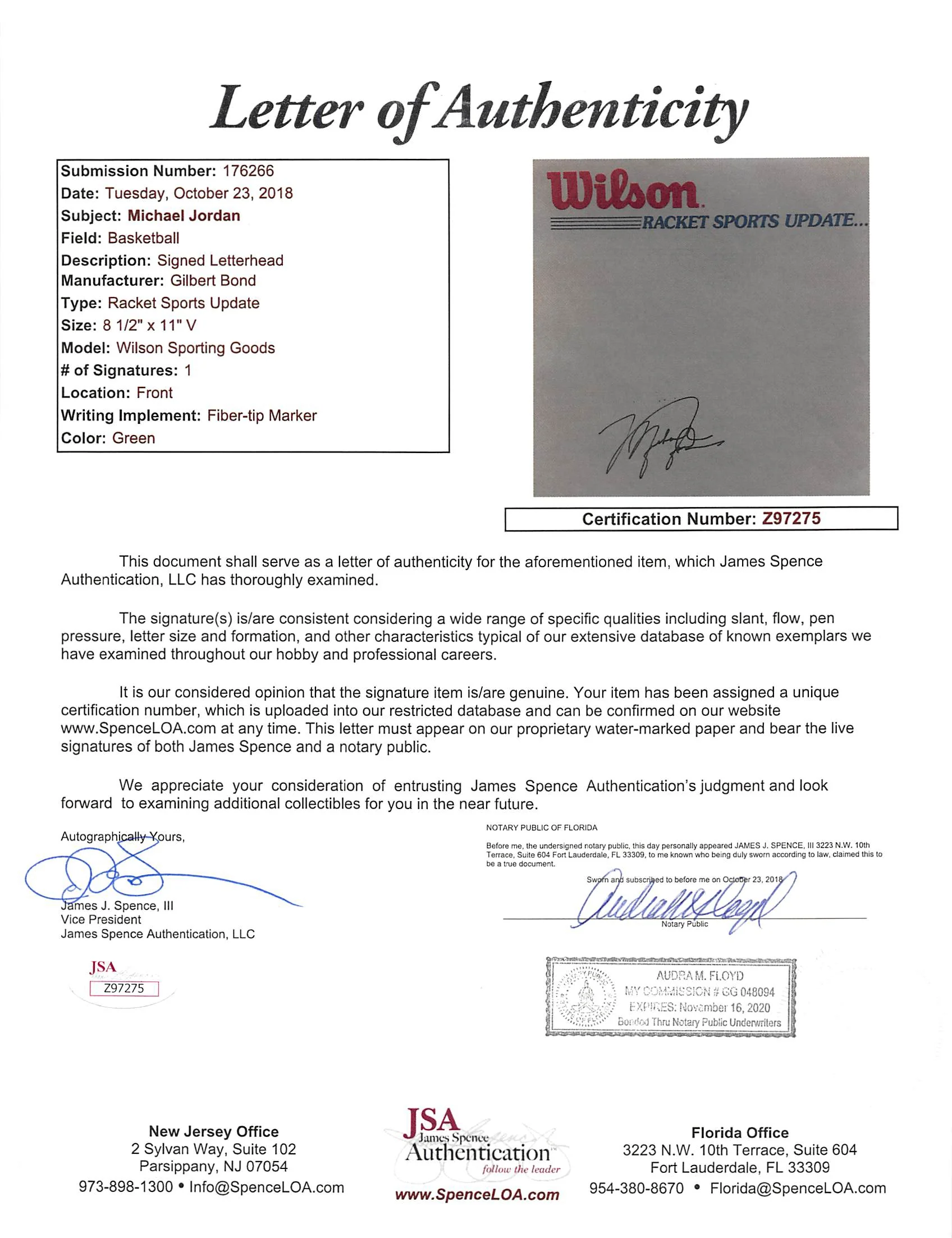Bulls Michael Jordan Signed 8.5x11 Wilson Racket Sports Letterhead JSA #Z97275 - Image 5