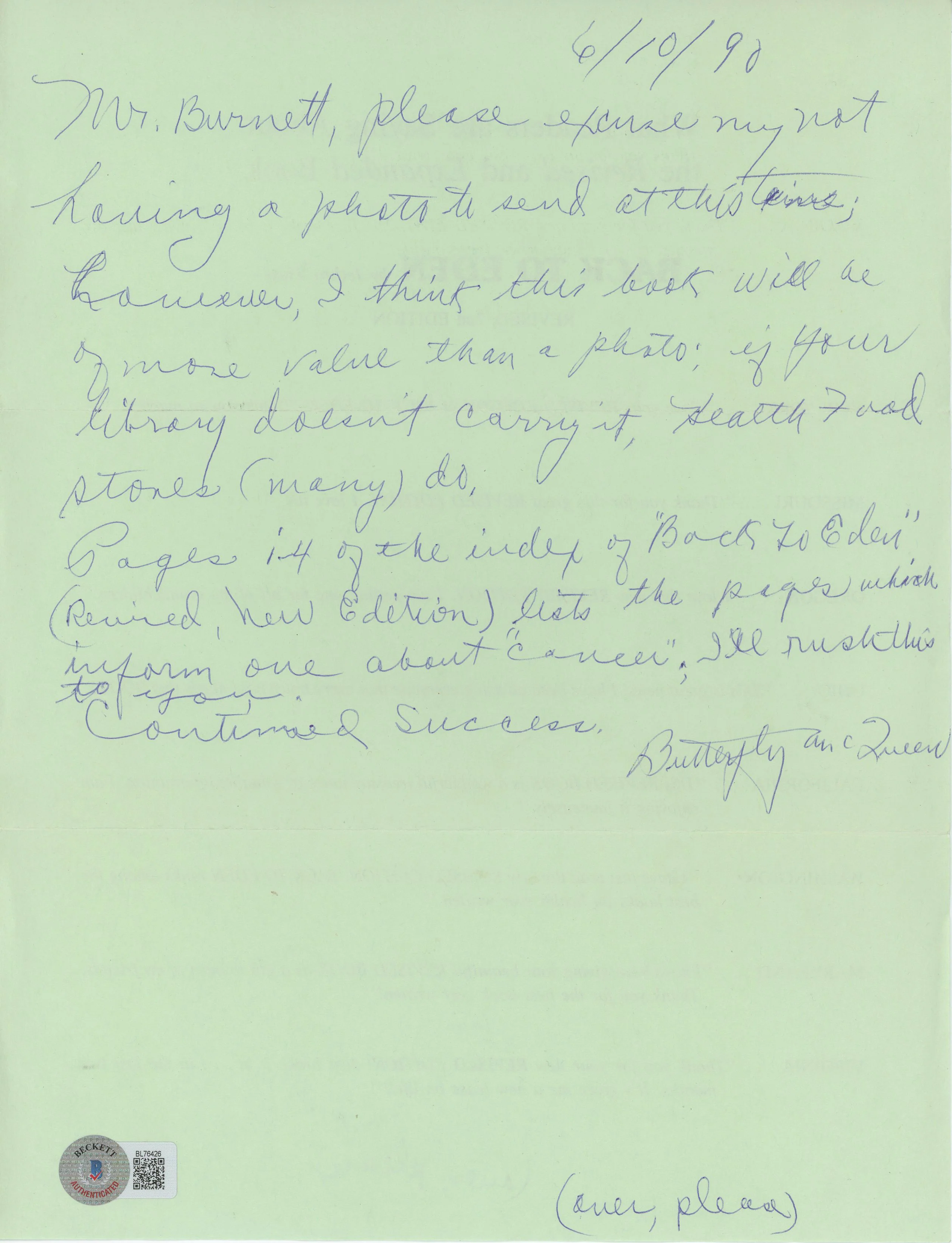 Butterfly McQueen Gone w/ the Wind Signed 8.5x11 Handwritten Letter BAS #BL76426 - Image 2