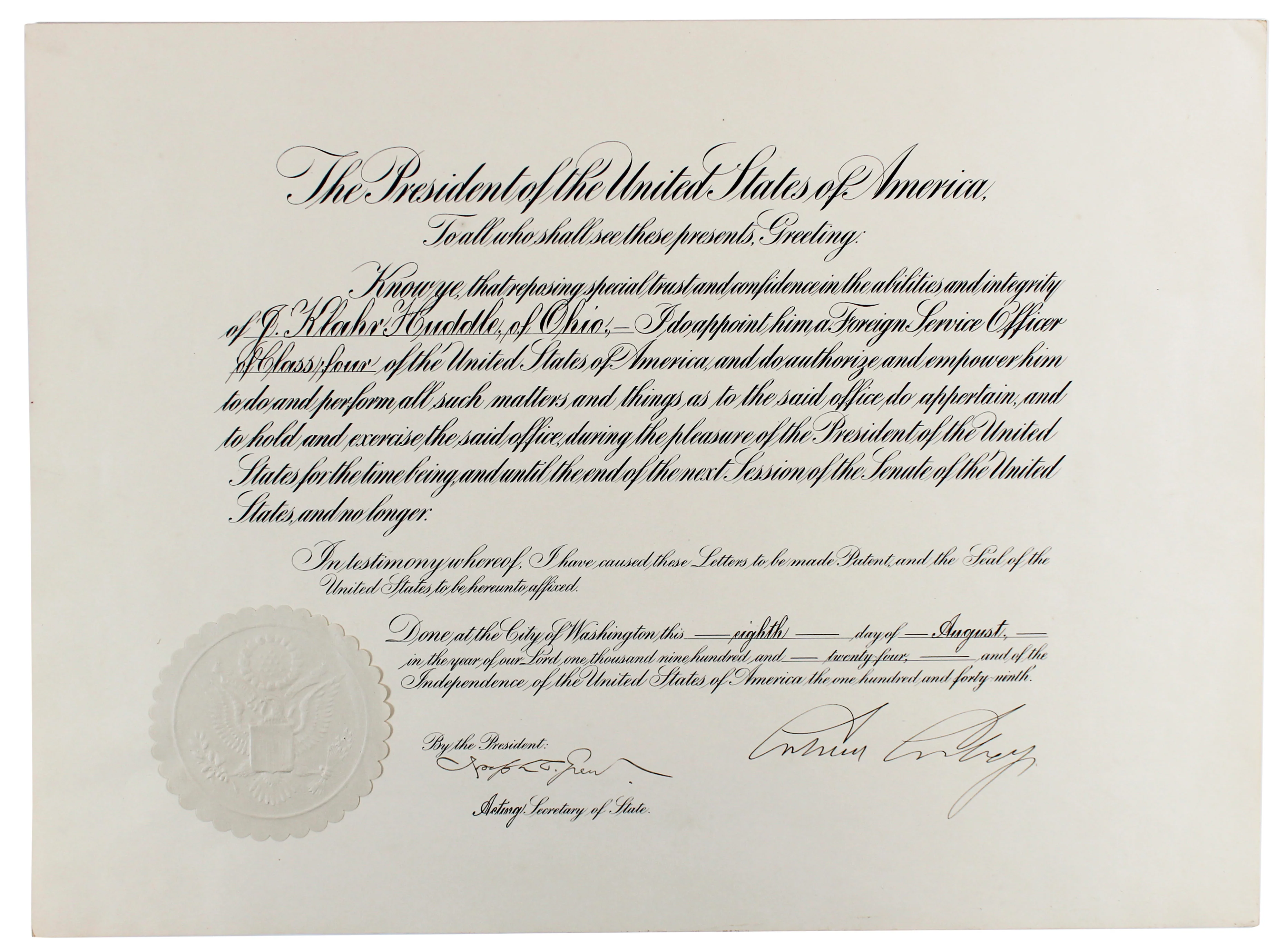 Calvin Coolidge Signed 14x19 1924 Foreign Service Office Appointment BAS LOA - Image 2