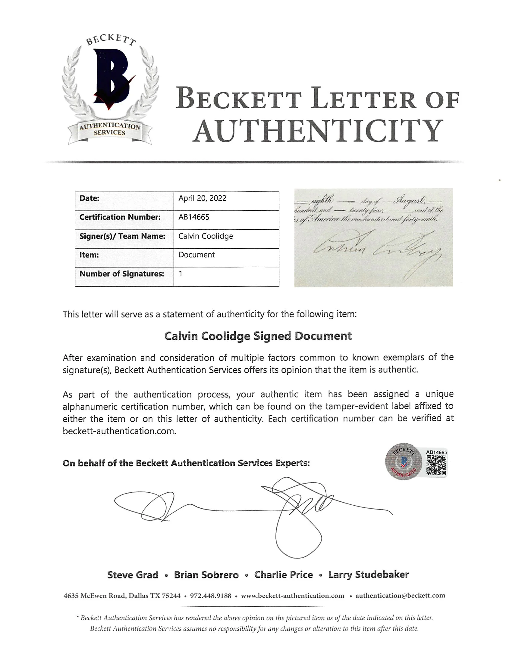 Calvin Coolidge Signed 14x19 1924 Foreign Service Office Appointment BAS LOA - Image 7