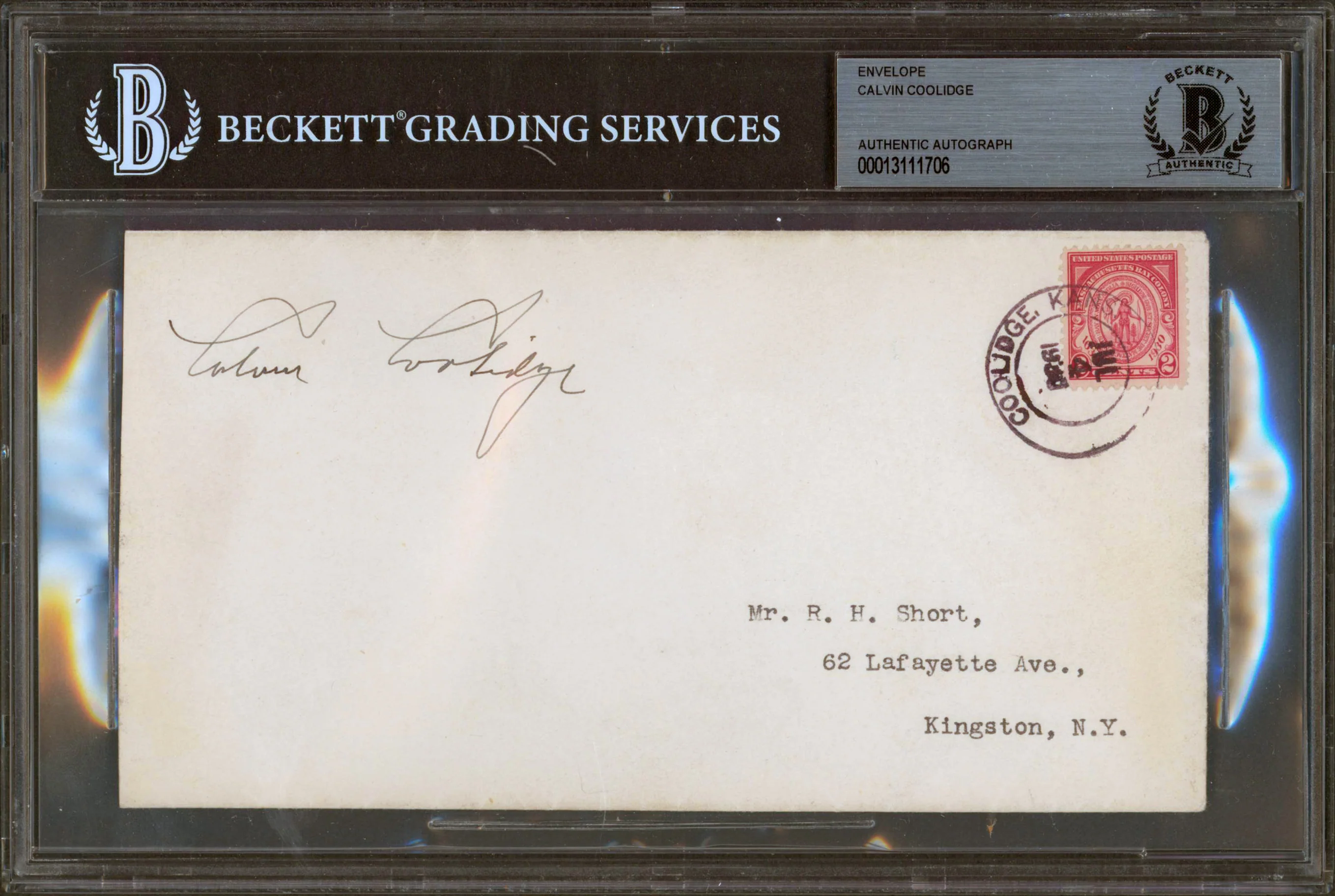 Calvin Coolidge Signed 4x7.25 Envelope Postmarked July 4, 1930 BAS Slabbed - Image 2