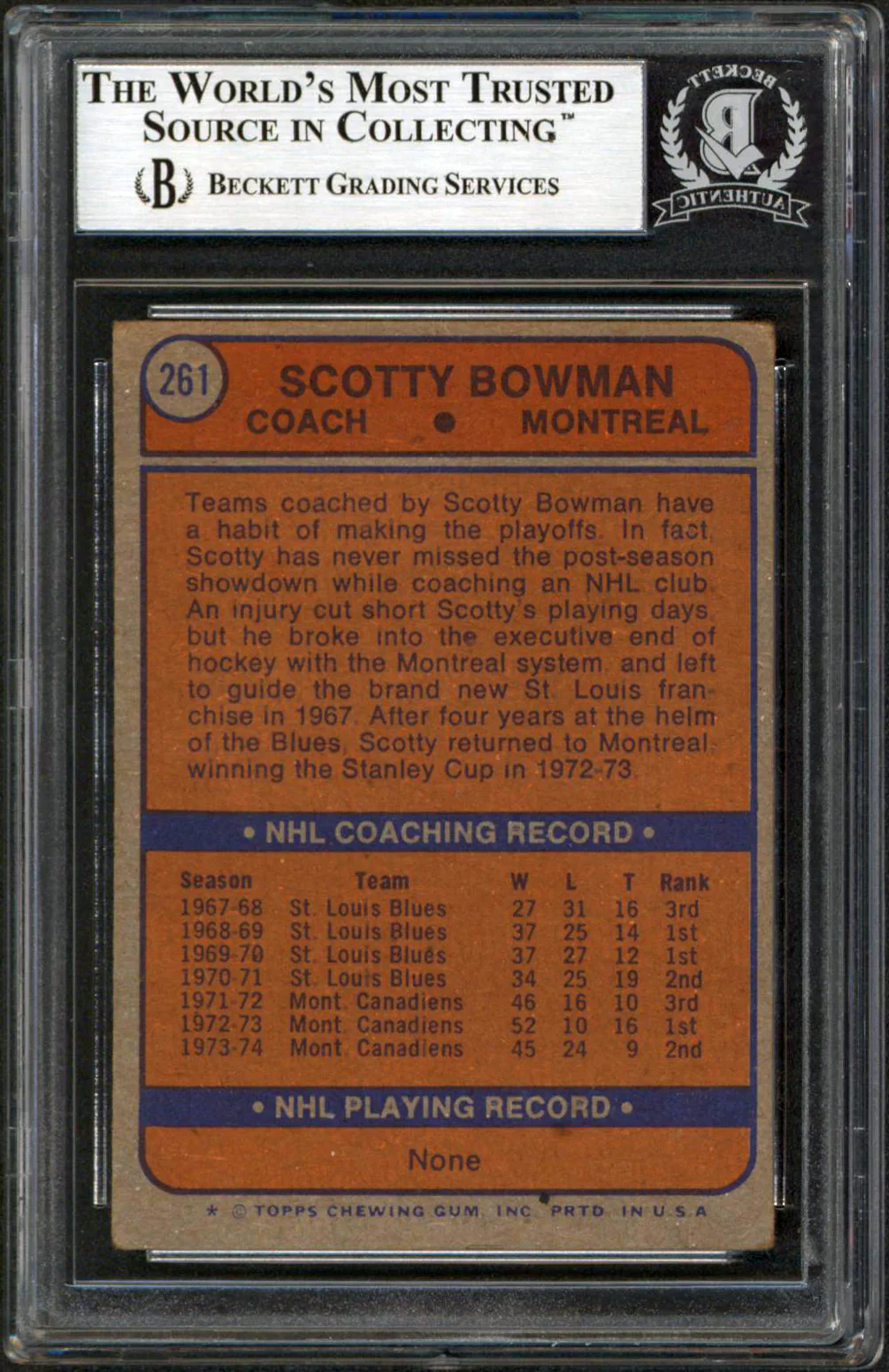 Canadiens Scotty Bowman Authentic Signed 1974 Topps #261 Card BAS Slabbed - Image 3