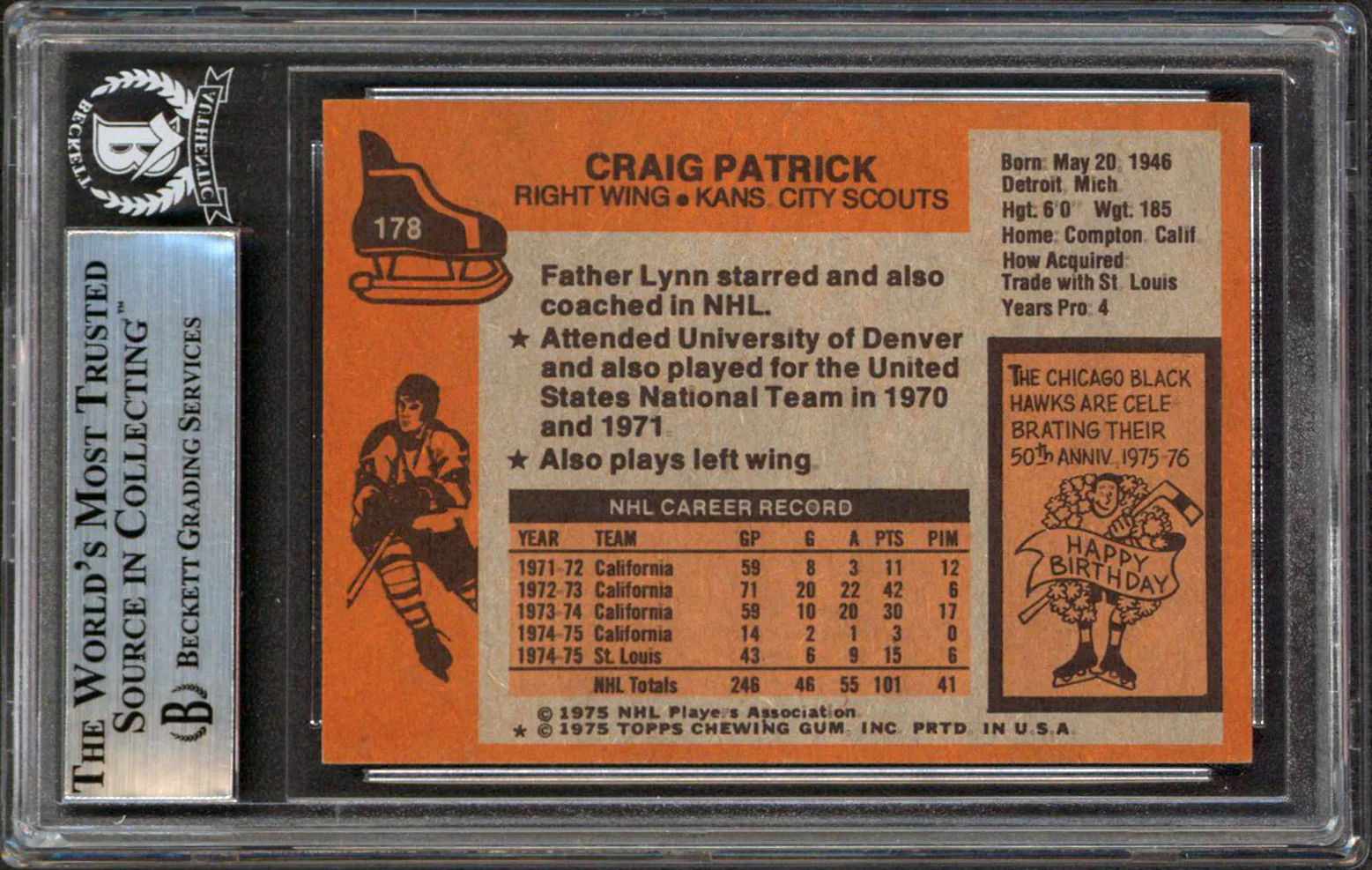 Capitals Craig Patrick Authentic Signed 1975 Topps #178 Card BAS Slabbed - Image 3