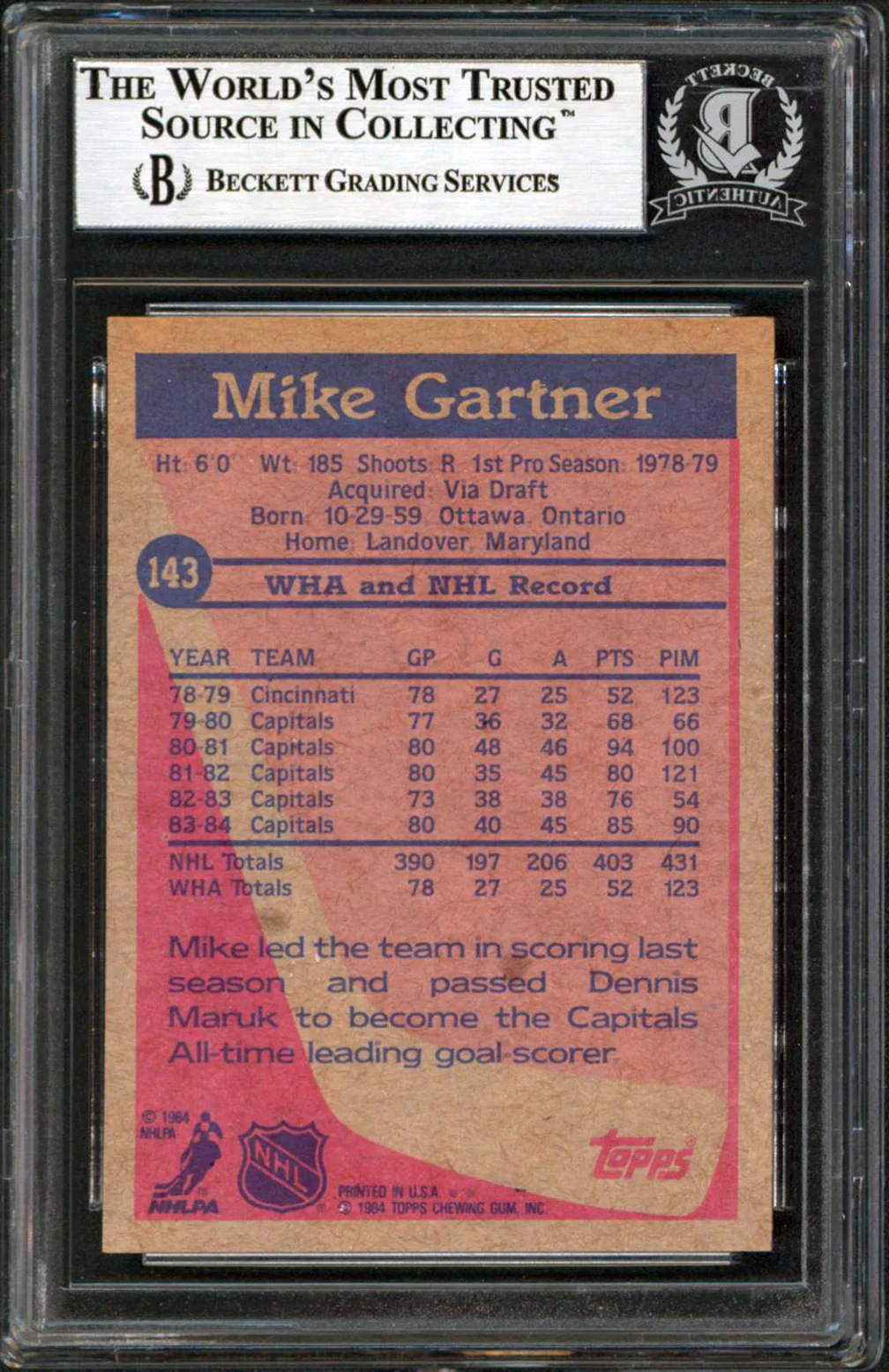 Capitals Mike Gartner Authentic Signed 1984 Topps #143 Card Autographed BAS Slab - Image 3