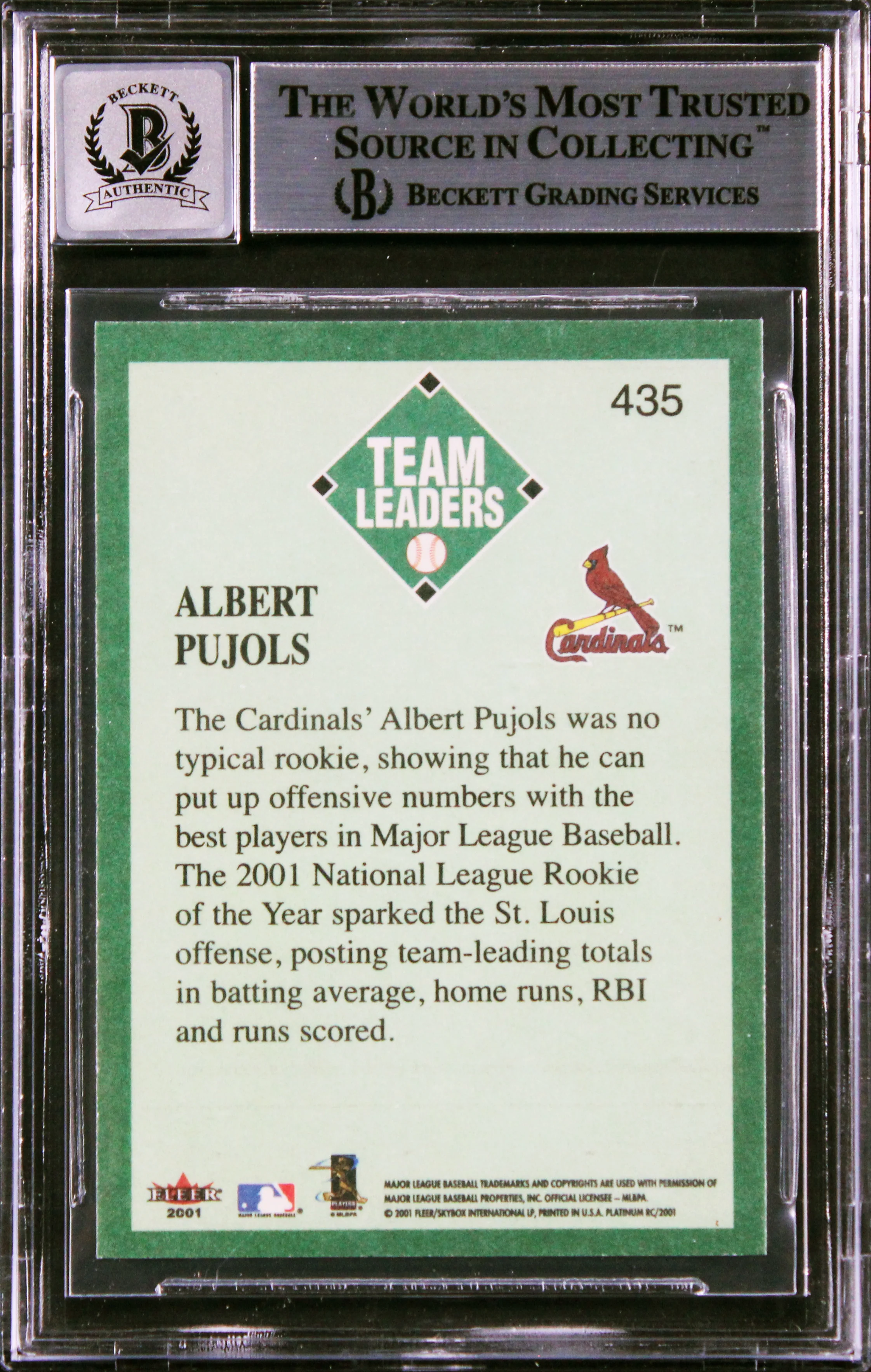 Cardinals Albert Pujols Signed 2001 Fleer Platinum #435 RC Card Auto 10 BAS Slab - Image 3