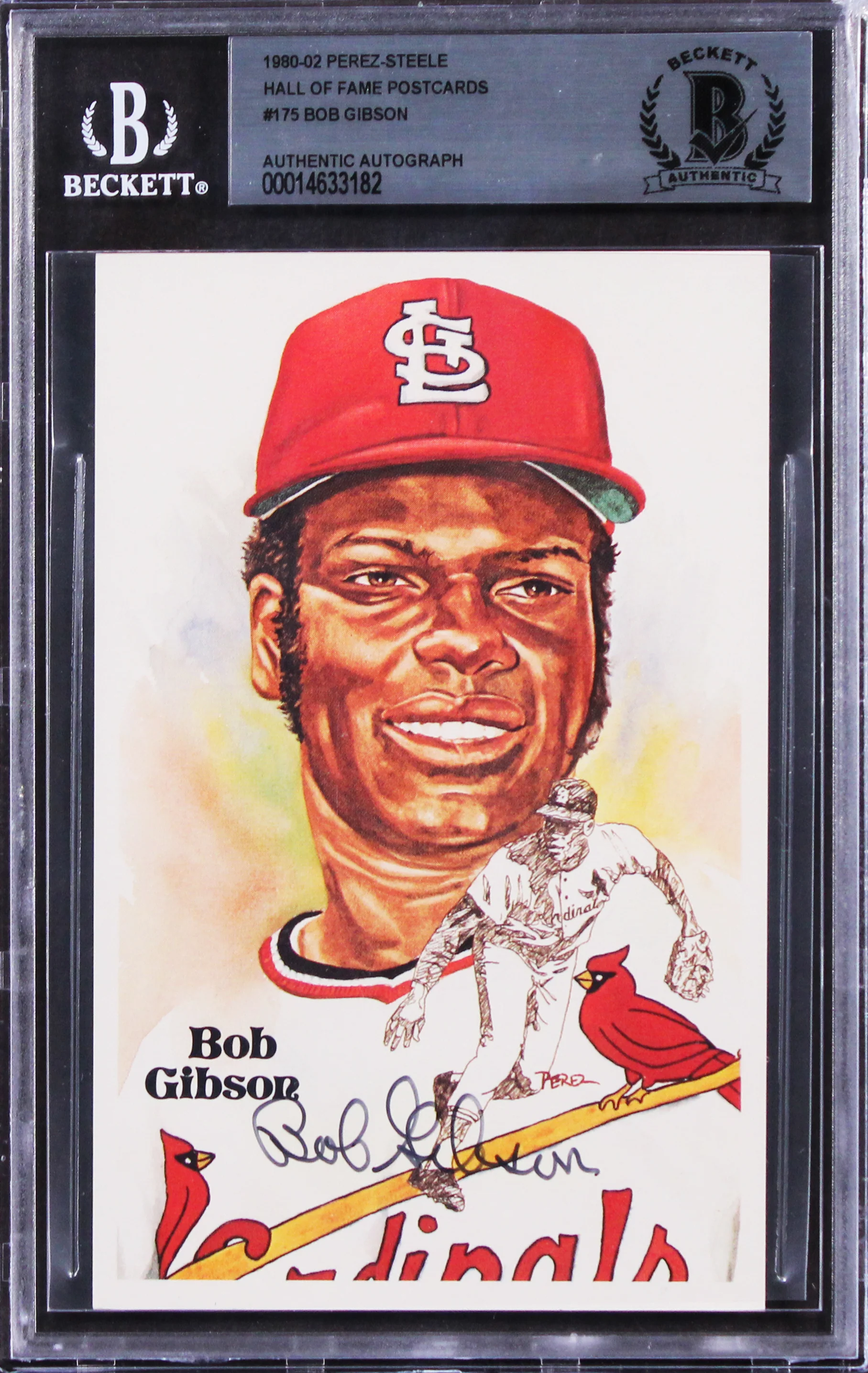 Cardinals Bob Gibson Signed 3.5x5.5 1980 Perez-Steele HOF Postcard #175 BAS Slab - Image 2