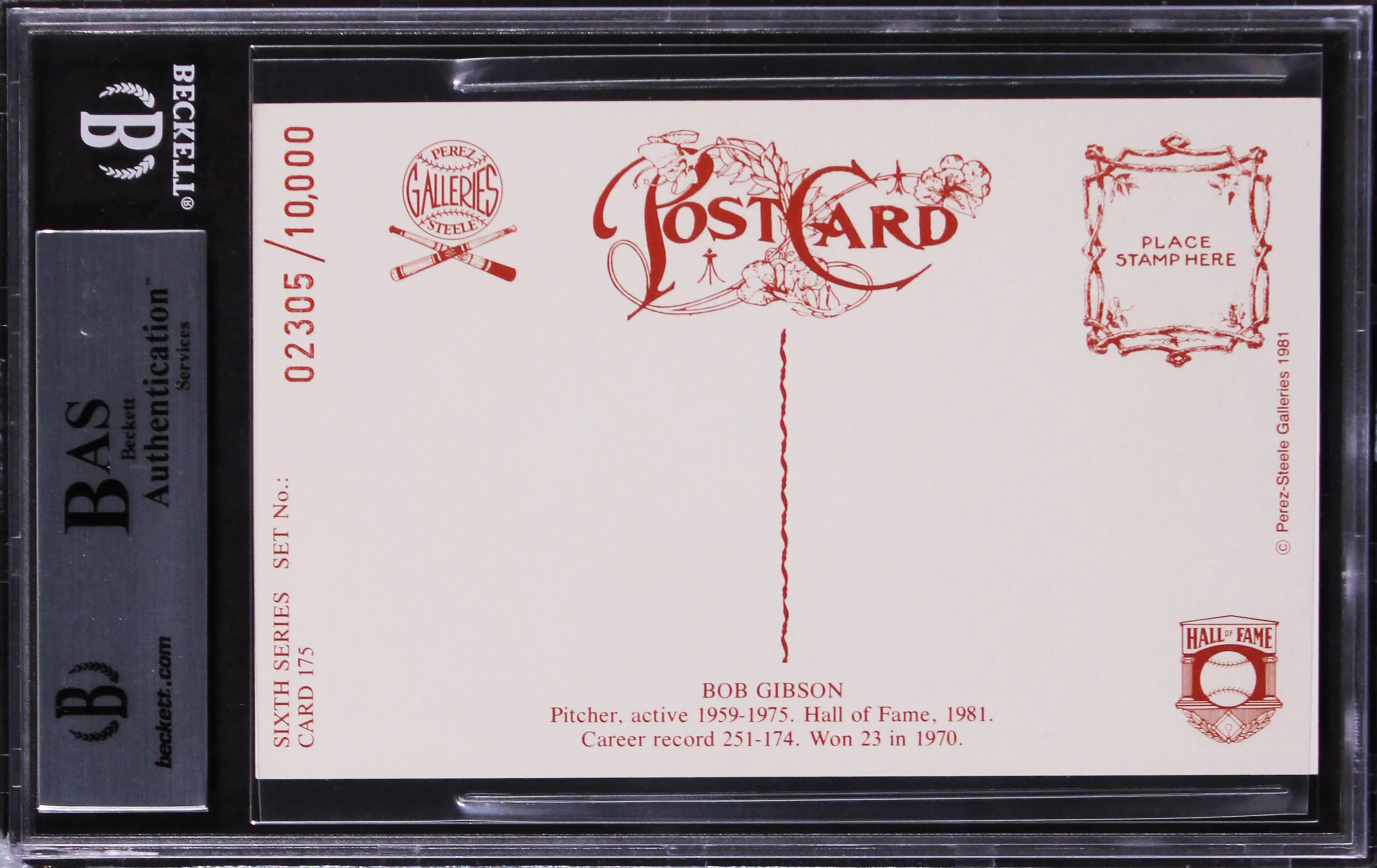 Cardinals Bob Gibson Signed 3.5x5.5 1980 Perez-Steele HOF Postcard #175 BAS Slab - Image 3