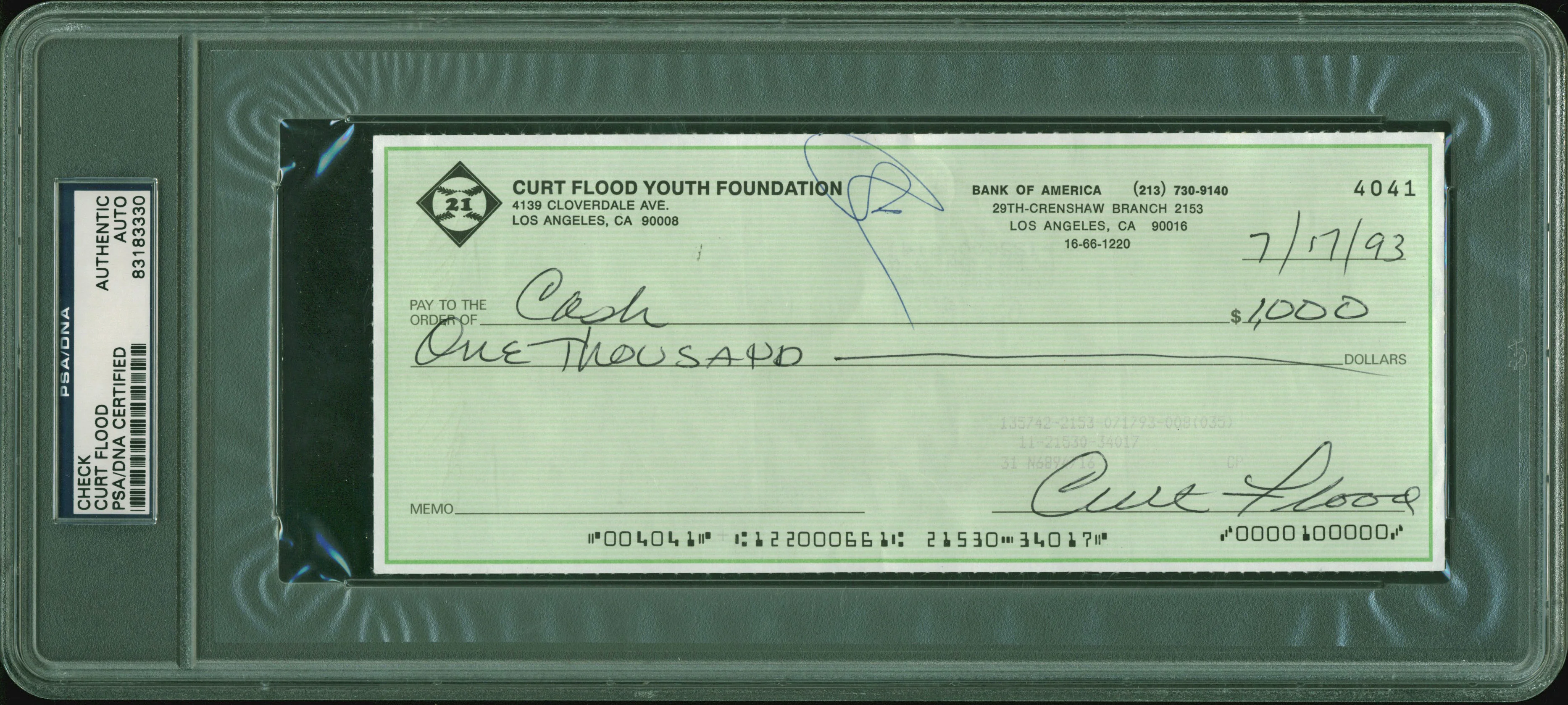 Cardinals Curt Flood Authentic 2x Signed 3.5x8.5 1993 Check PSA/DNA Slabbed - Image 2