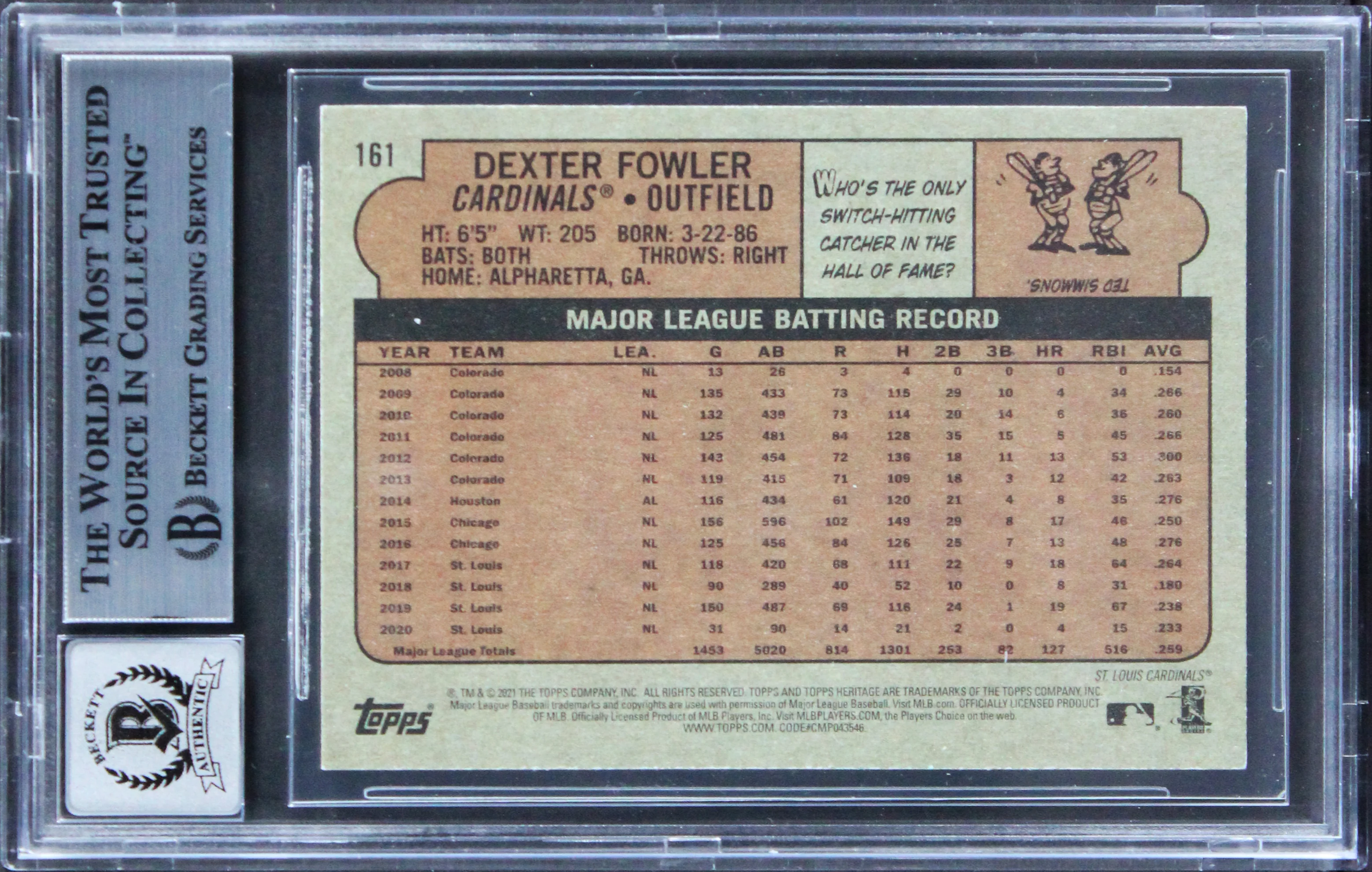 Cardinals Dexter Fowler Signed 2021 Topps Heritage #161 Card Auto 10! BAS Slab 2 - Image 3