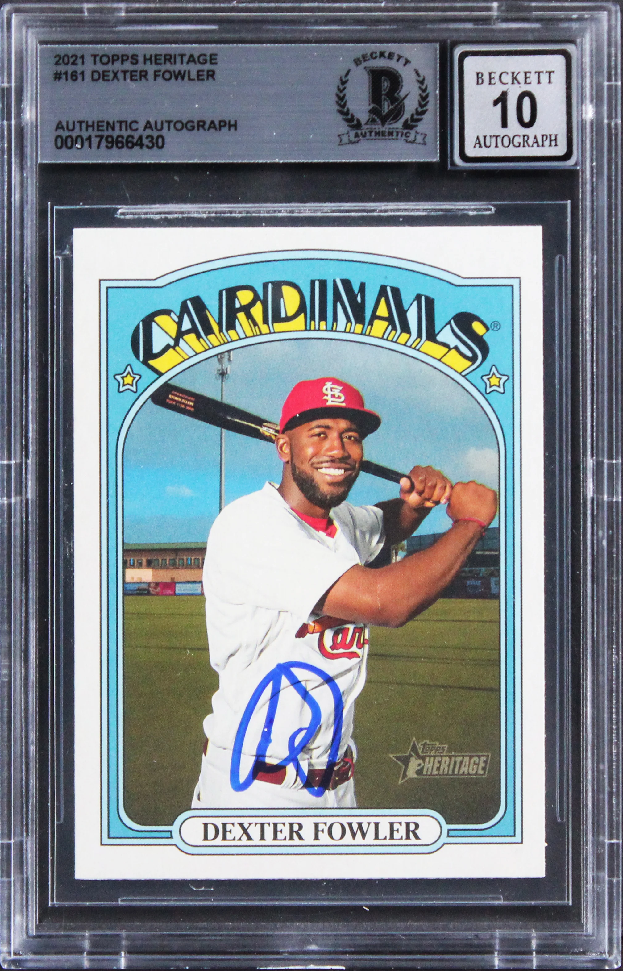 Cardinals Dexter Fowler Signed 2021 Topps Heritage #161 Card Auto 10! BAS Slab - Image 2