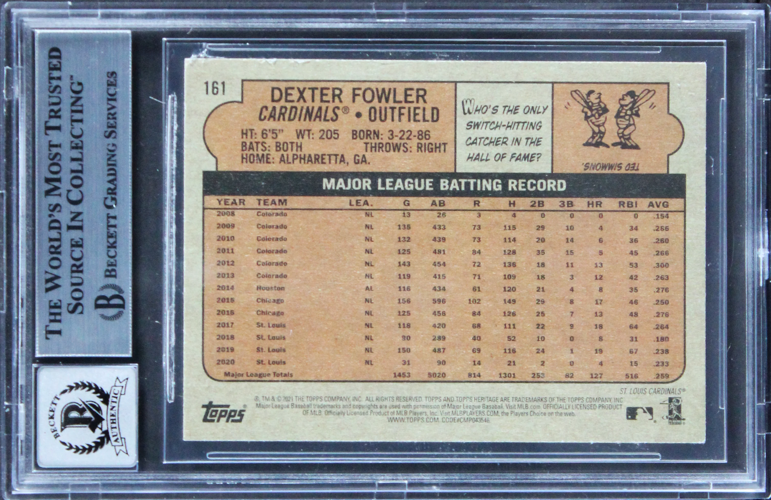 Cardinals Dexter Fowler Signed 2021 Topps Heritage #161 Card Auto 10! BAS Slab - Image 3