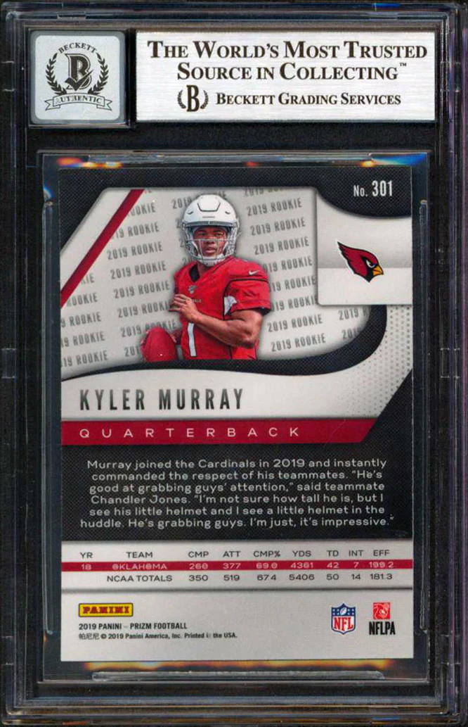 Cardinals Kyler Murray Signed 2019 Panini Prizm #301 RC Card Auto 10! BAS Slab - Image 3