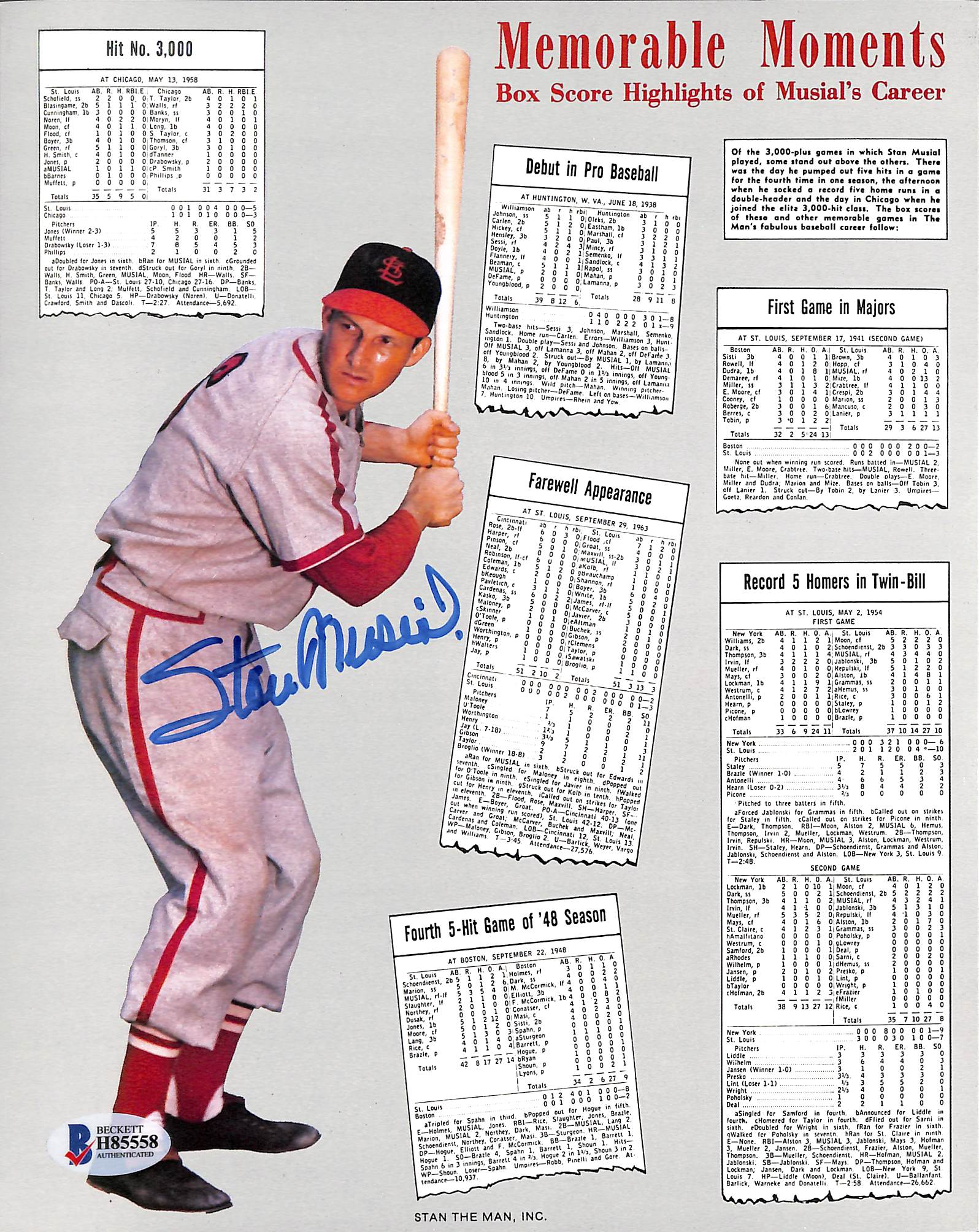 Cardinals Stan Musial Authentic Signed 8x10 Memorable Highlights Photo BAS - Image 2