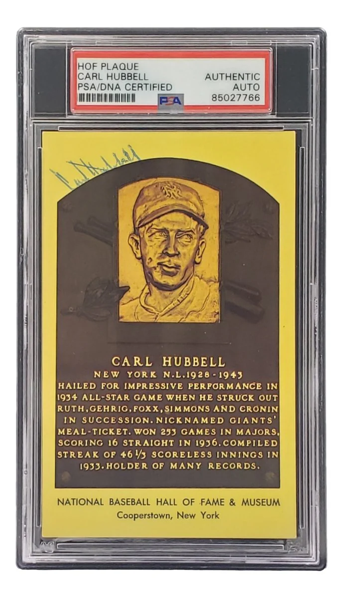 Carl Hubbell Signed 4x6 New York Giants Hall Of Fame Plaque Card PSA/DNA 85027766
