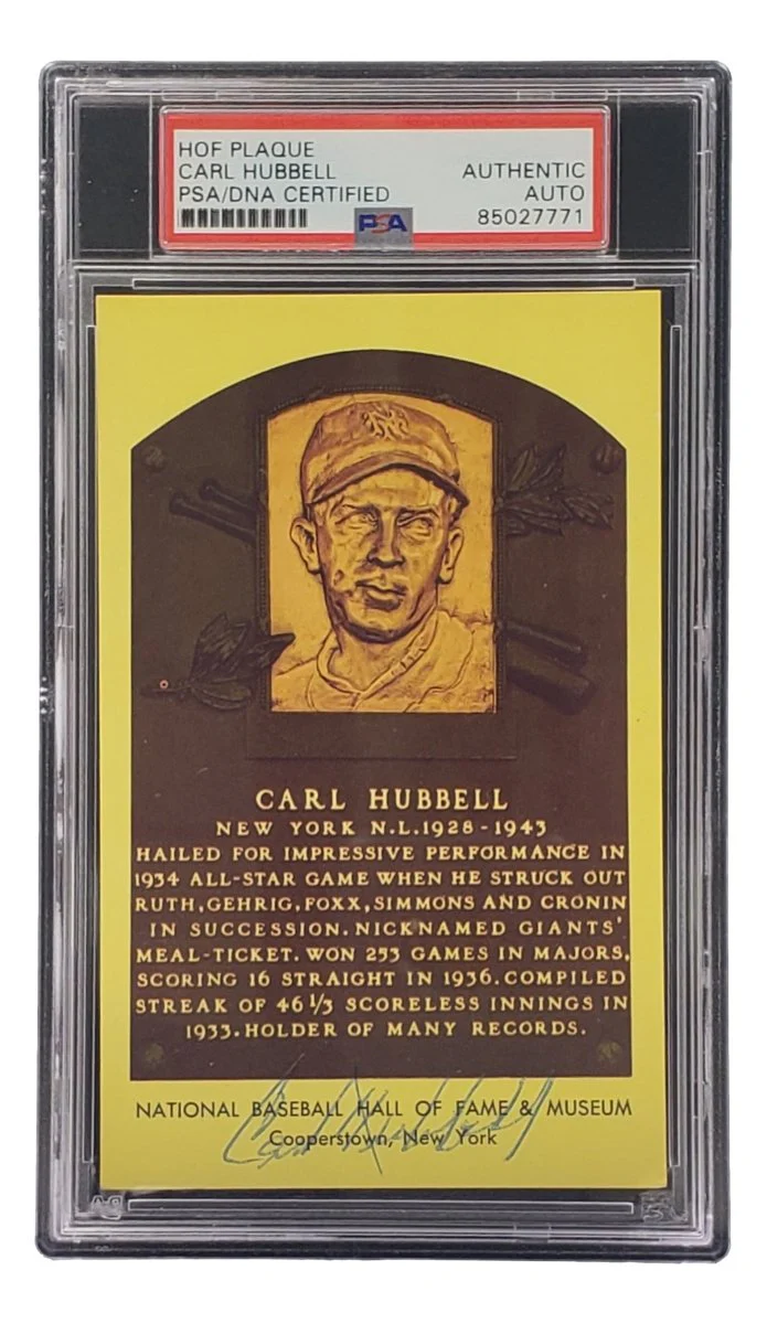 Carl Hubbell Signed 4x6 New York Giants Hall Of Fame Plaque Card PSA/DNA 85027771