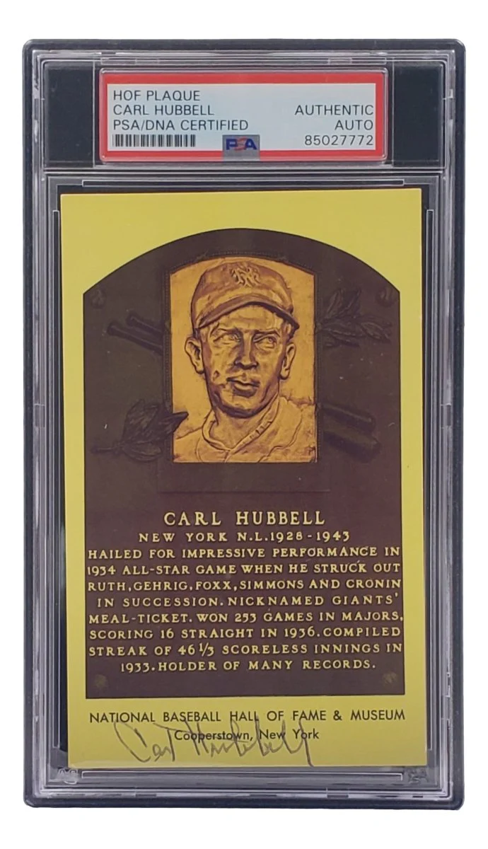 Carl Hubbell Signed 4x6 New York Giants Hall Of Fame Plaque Card PSA/DNA 85027772