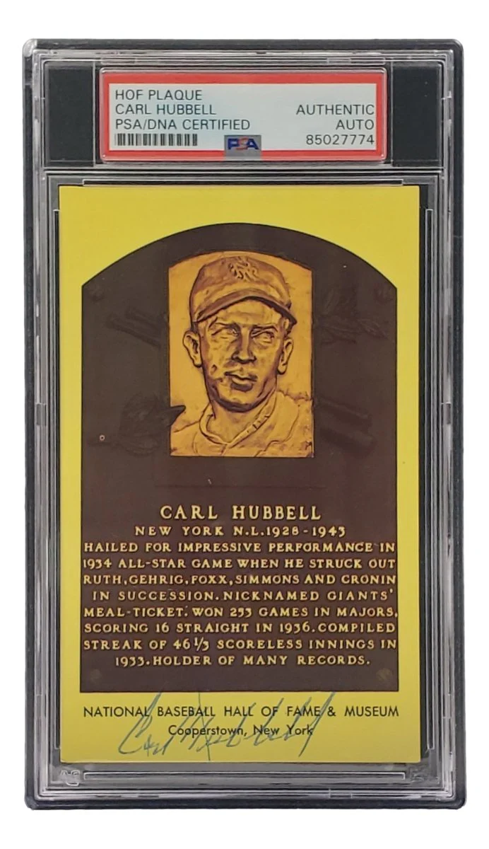 Carl Hubbell Signed 4x6 New York Giants Hall Of Fame Plaque Card PSA/DNA 85027774