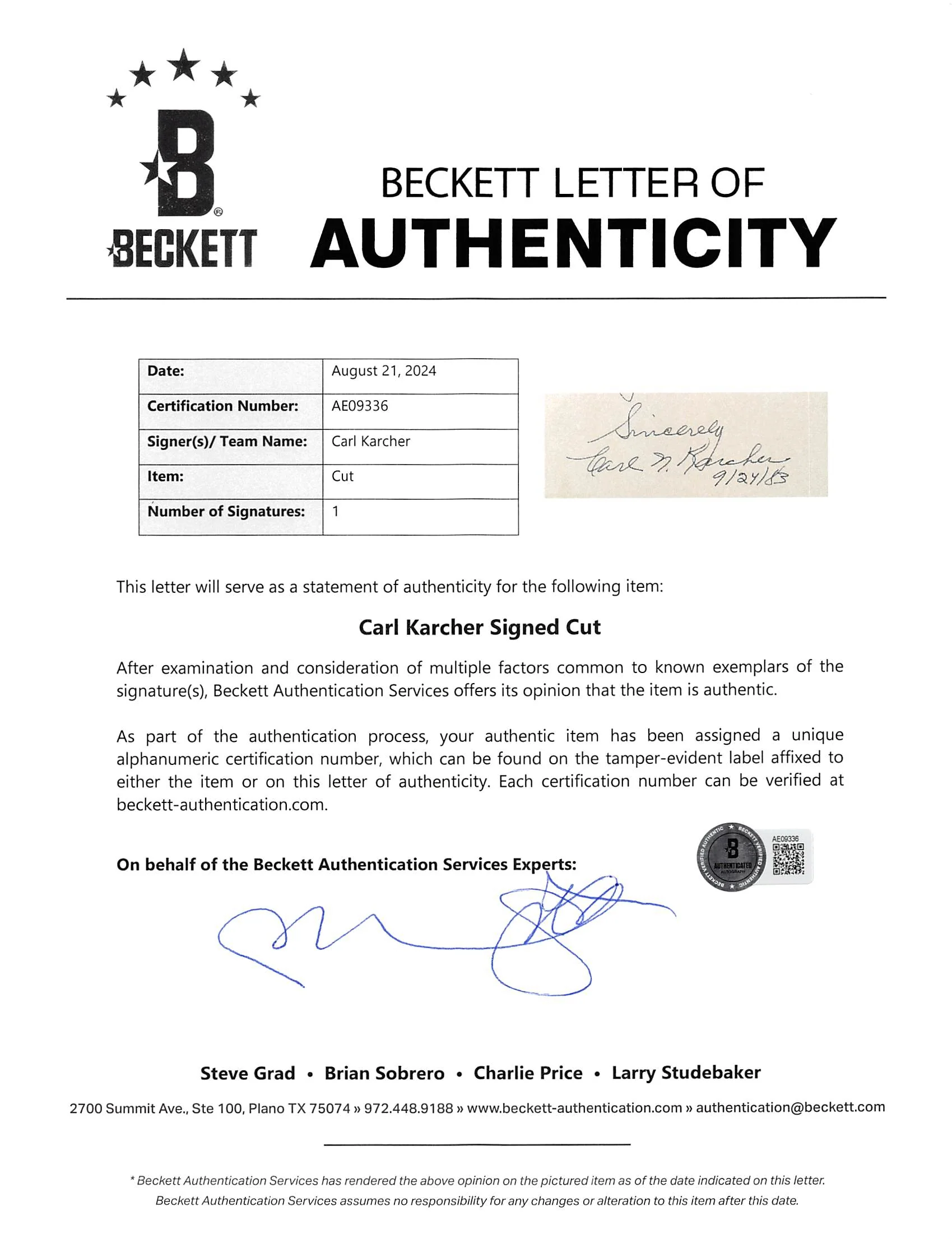 Carl Karcher Carl's Jr. Authentic Signed 4x6.25 Cut Signature BAS #AE09336 - Image 4