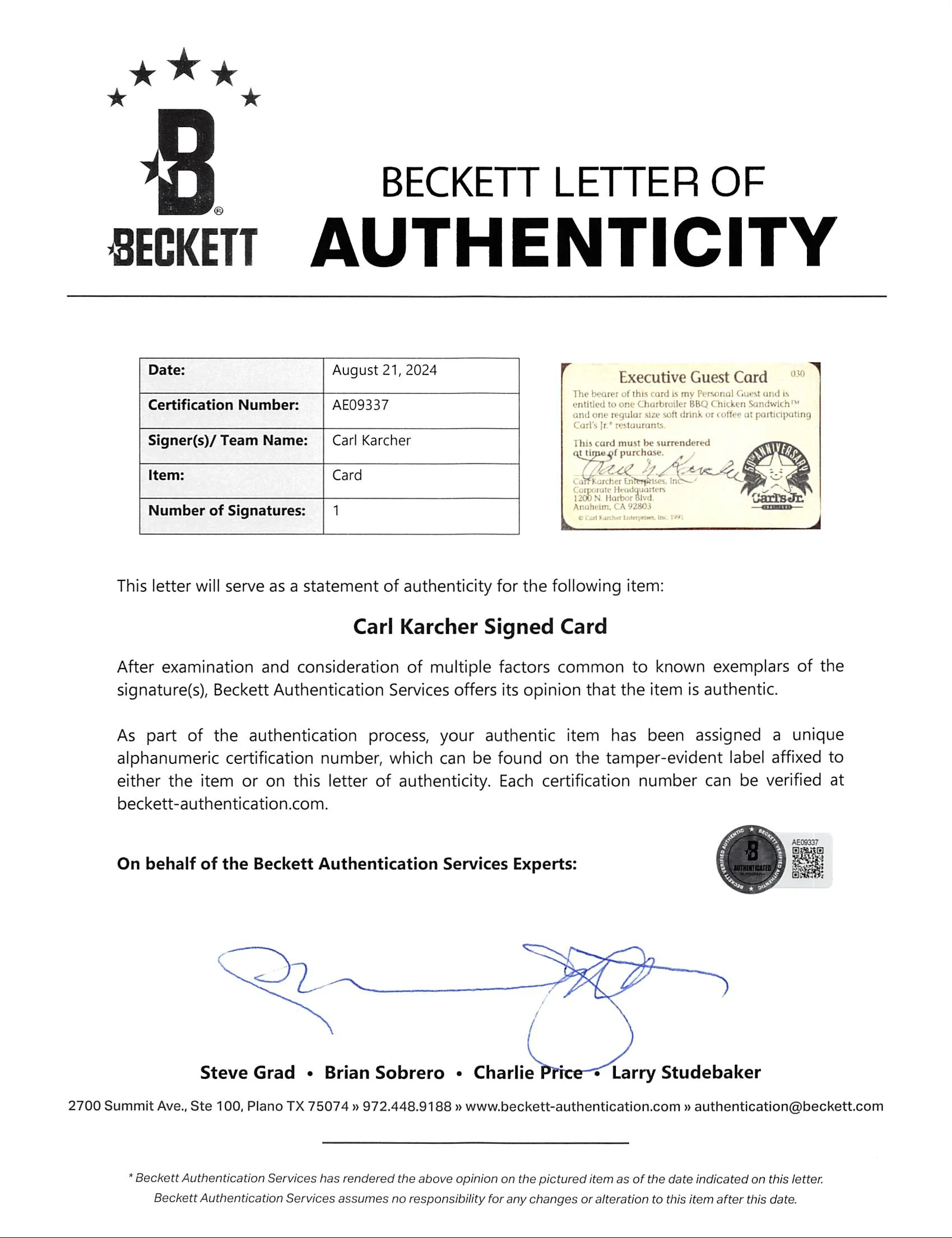 Carl Karcher Carl's Jr. Signed & Framed Executive Guest Card Card BAS #AE09337 - Image 4