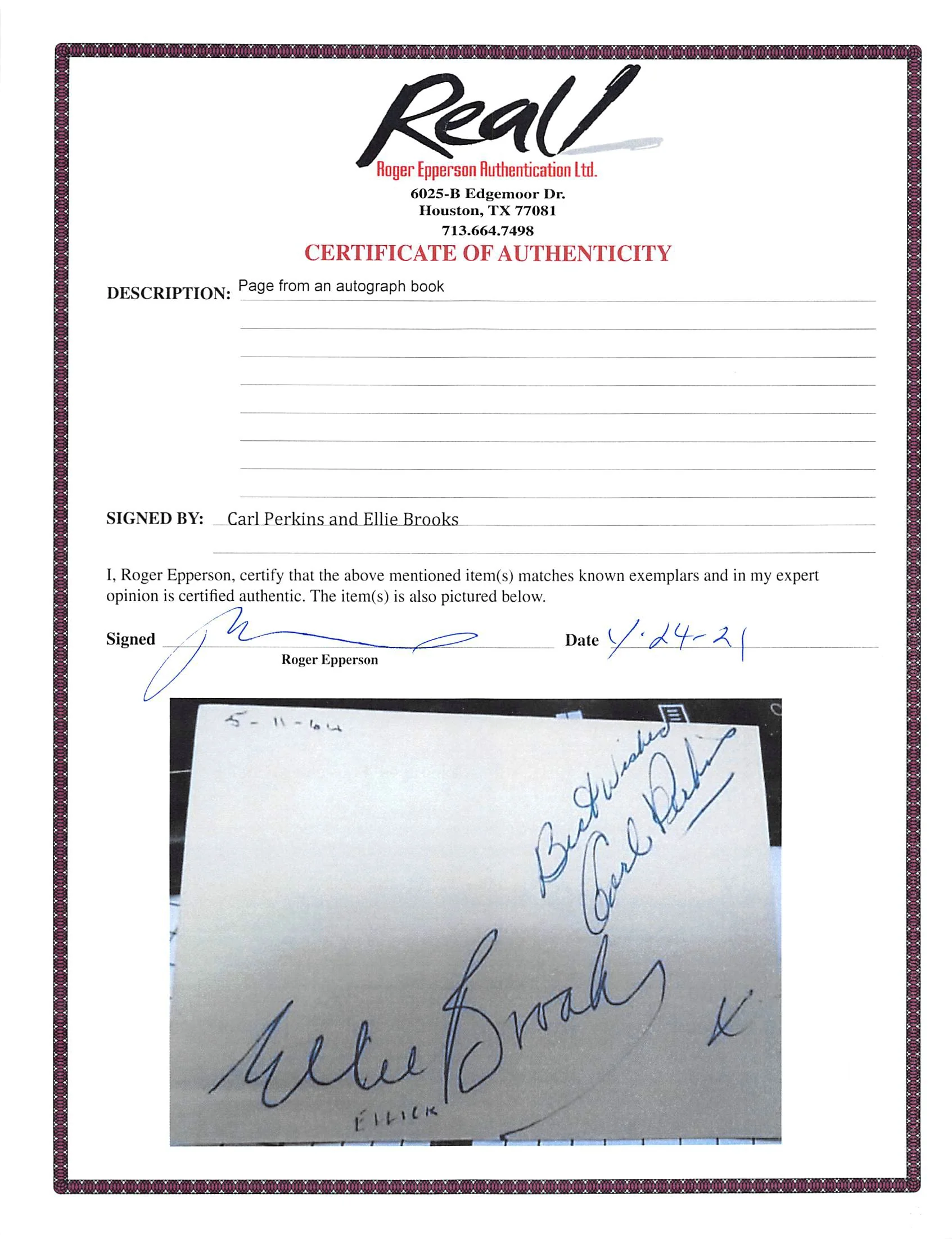 Carl Perkins & Ellie Brooks Authentic Signed 3x4.15 Album Page REAL LOA - Image 4
