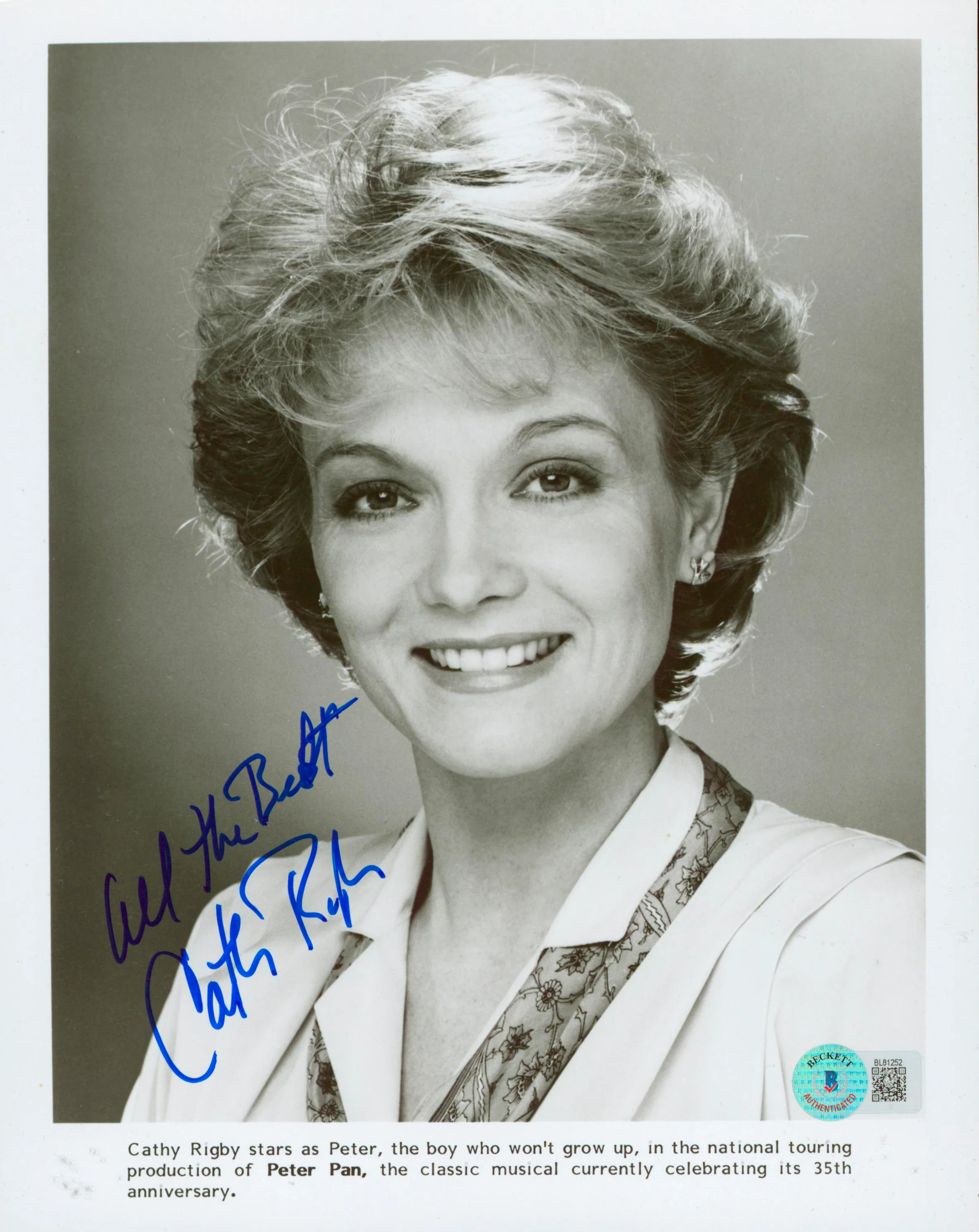 Cathy Rigby Peter Pan "All The Best" Authentic Signed 8x10 Photo BAS #BL81252 - Image 2