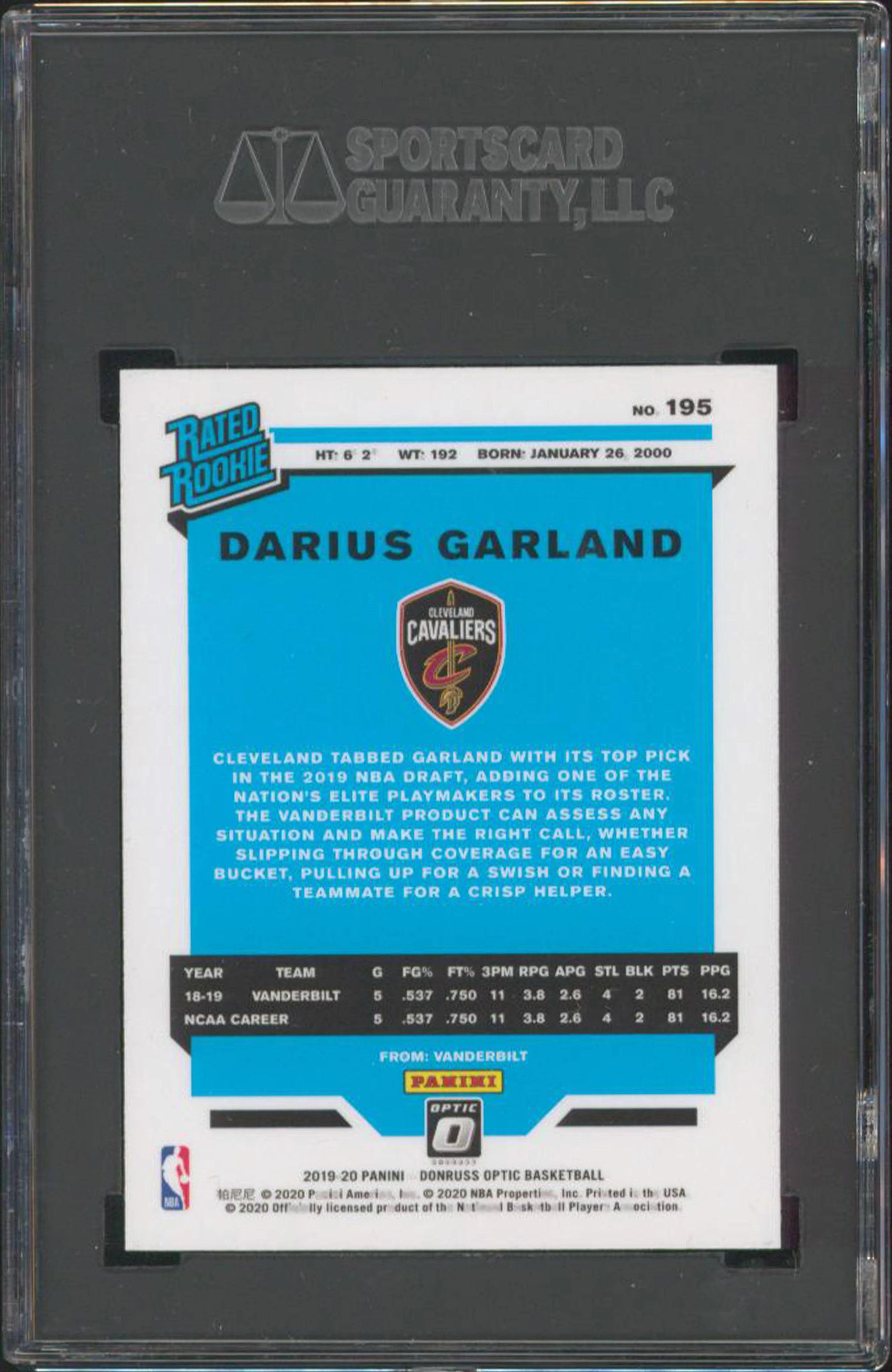 Cavaliers Darius Garland 2019 Donruss Optic #195 Rookie Card Graded Mint 9! SGC - Image 3