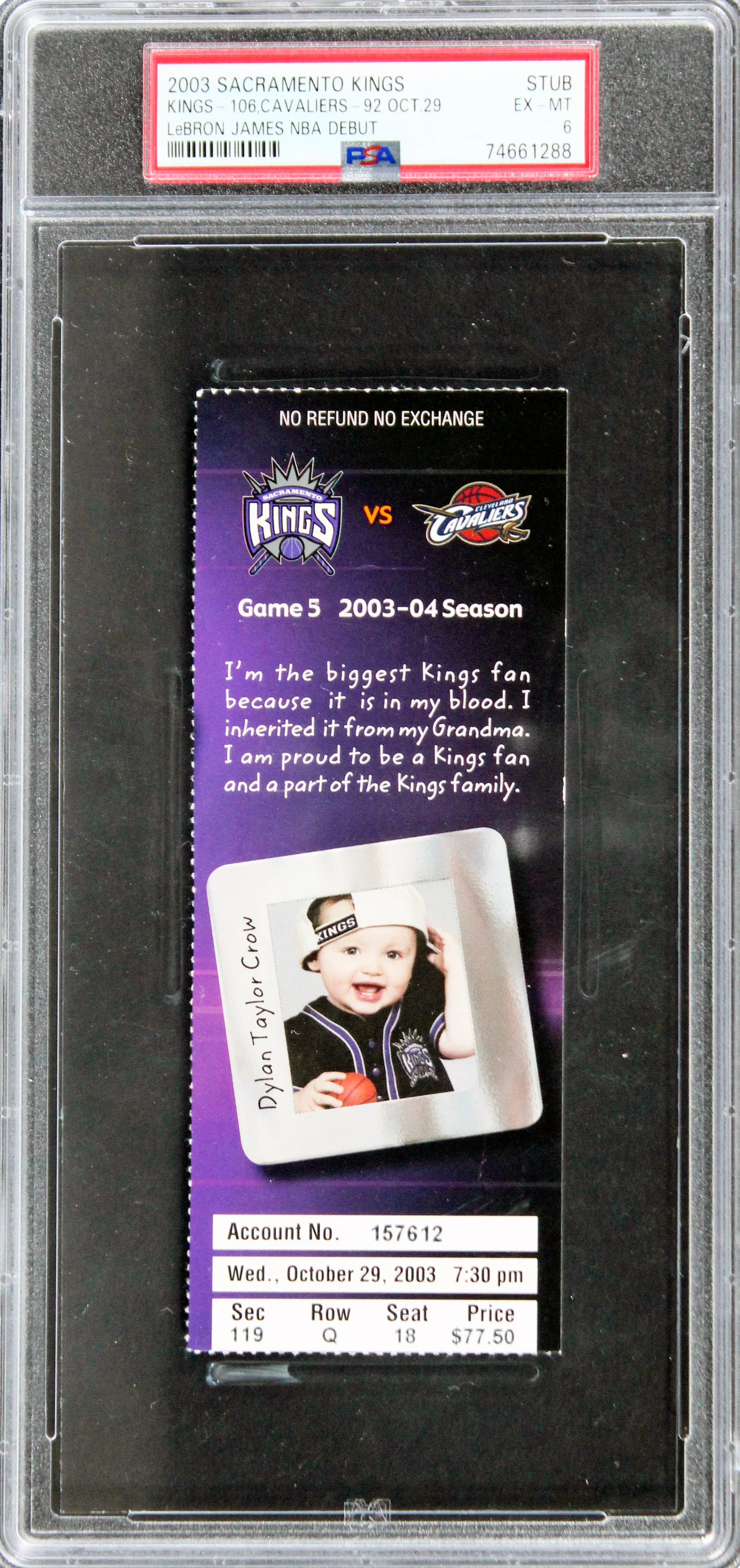 Cavaliers LeBron James 2003 NBA Debut Ticket Stub Ticket Grade EX-MT 6 PSA Slab - Image 2