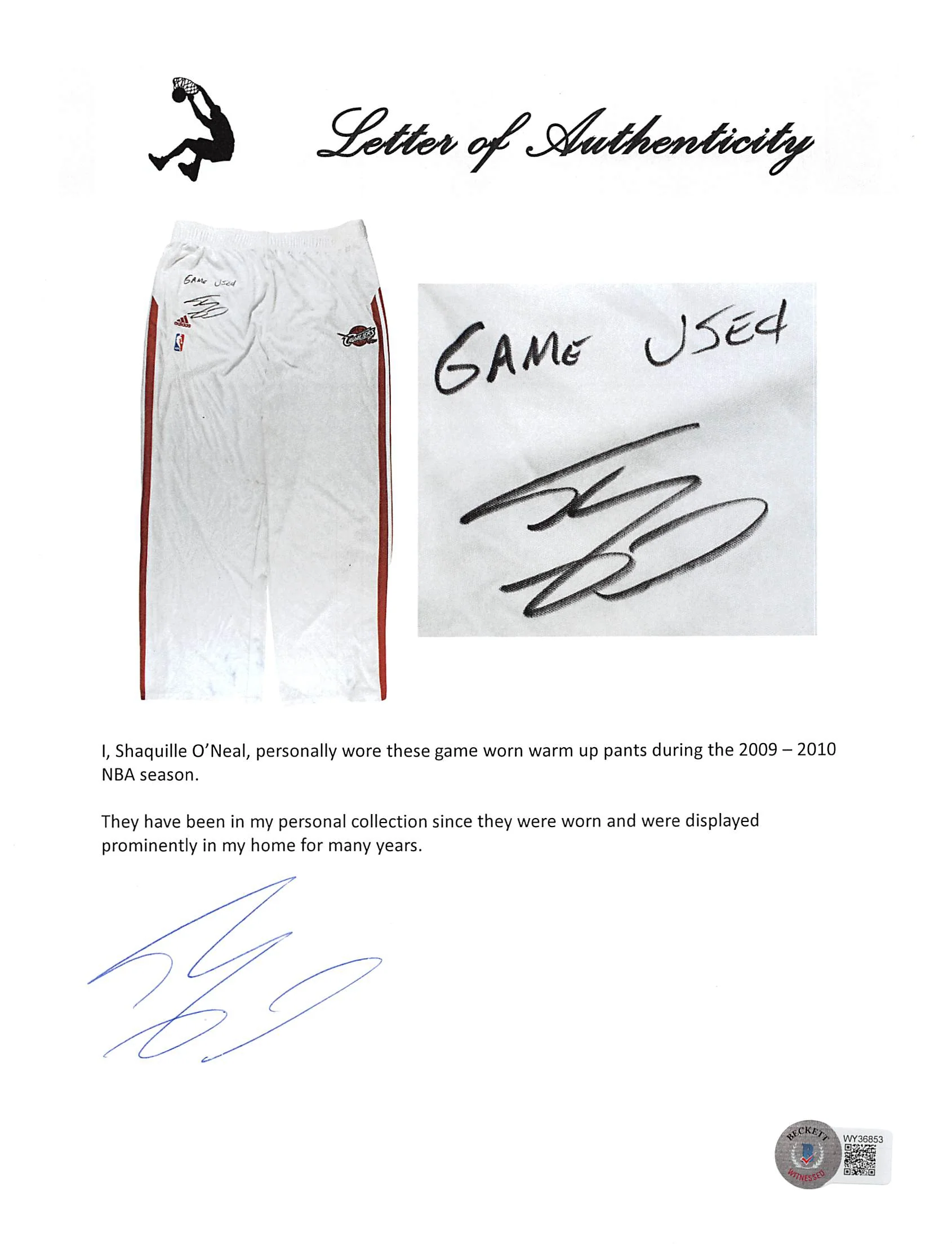 Cavaliers Shaquille O'Neal "Game Used" Signed White Adidas Warmup Pants BAS Wit - Image 4