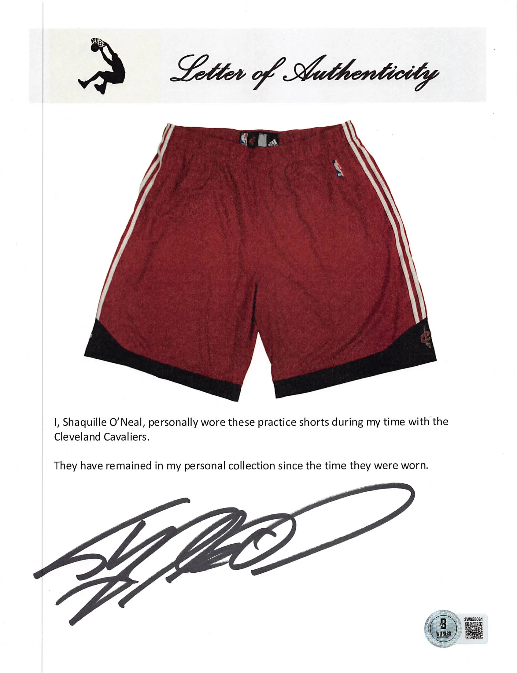 Cavaliers Shaquille O'Neal Signed Red Adidas Practice Shorts BAS Wit #2W958082 - Image 6