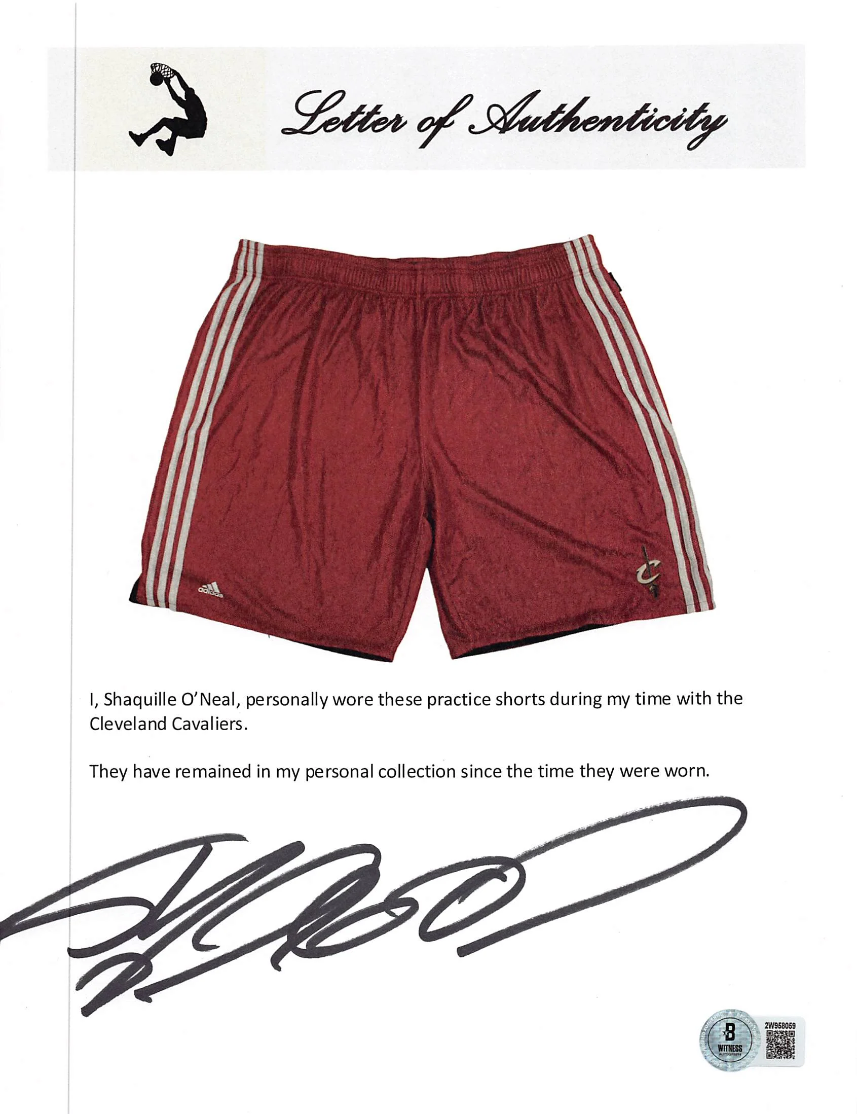 Cavaliers Shaquille O'Neal Signed Red Adidas Practice Shorts BAS Wit #2W958087 - Image 7