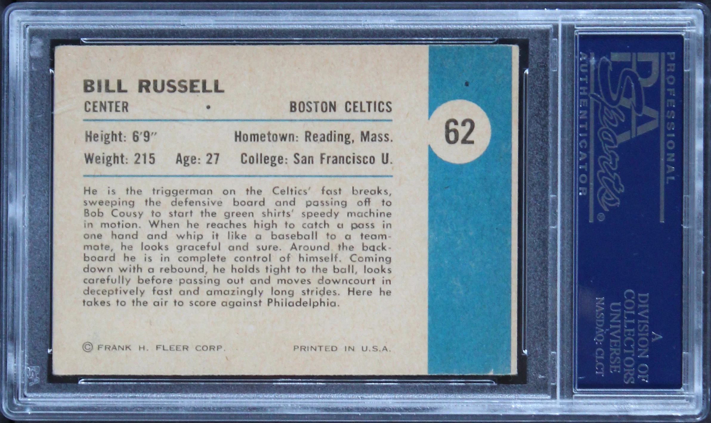 Celtics Bill Russell Authentic Signed 1961 Fleer #62 Card PSA/DNA Slabbed - Image 3